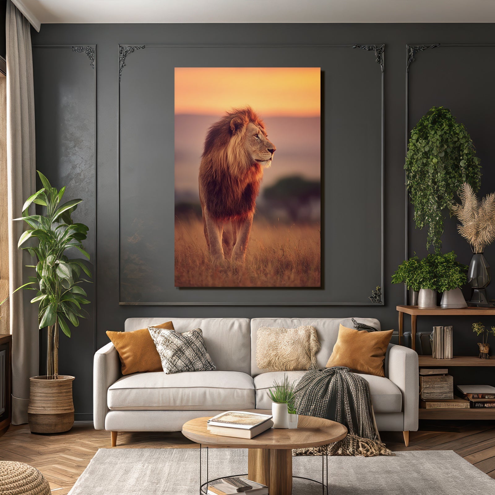 Lion Im Profil Im Feld Bei Sonnenuntergang Vor Himmel In Orange Und Rosa