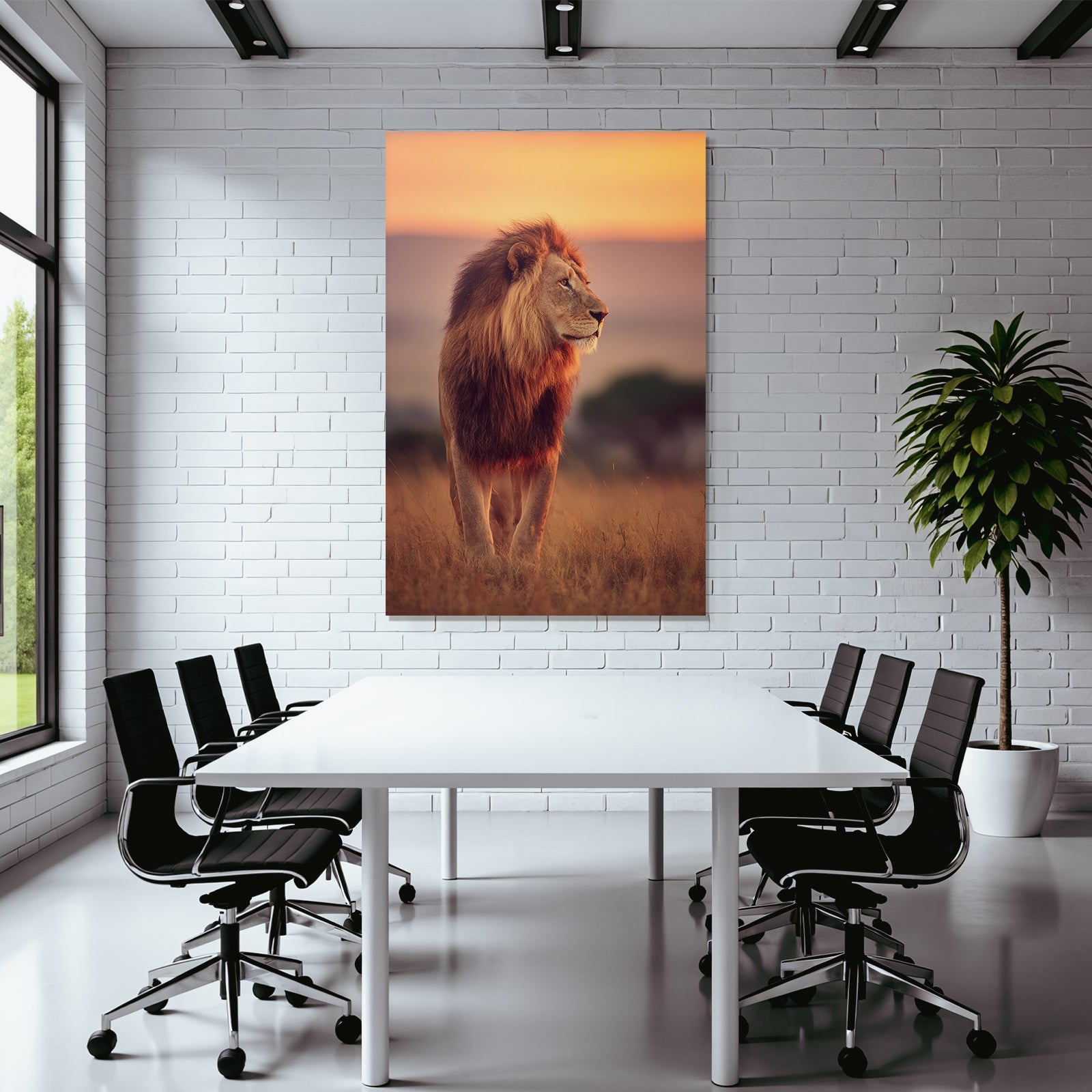 Lion Im Profil Im Feld Bei Sonnenuntergang Vor Himmel In Orange Und Rosa