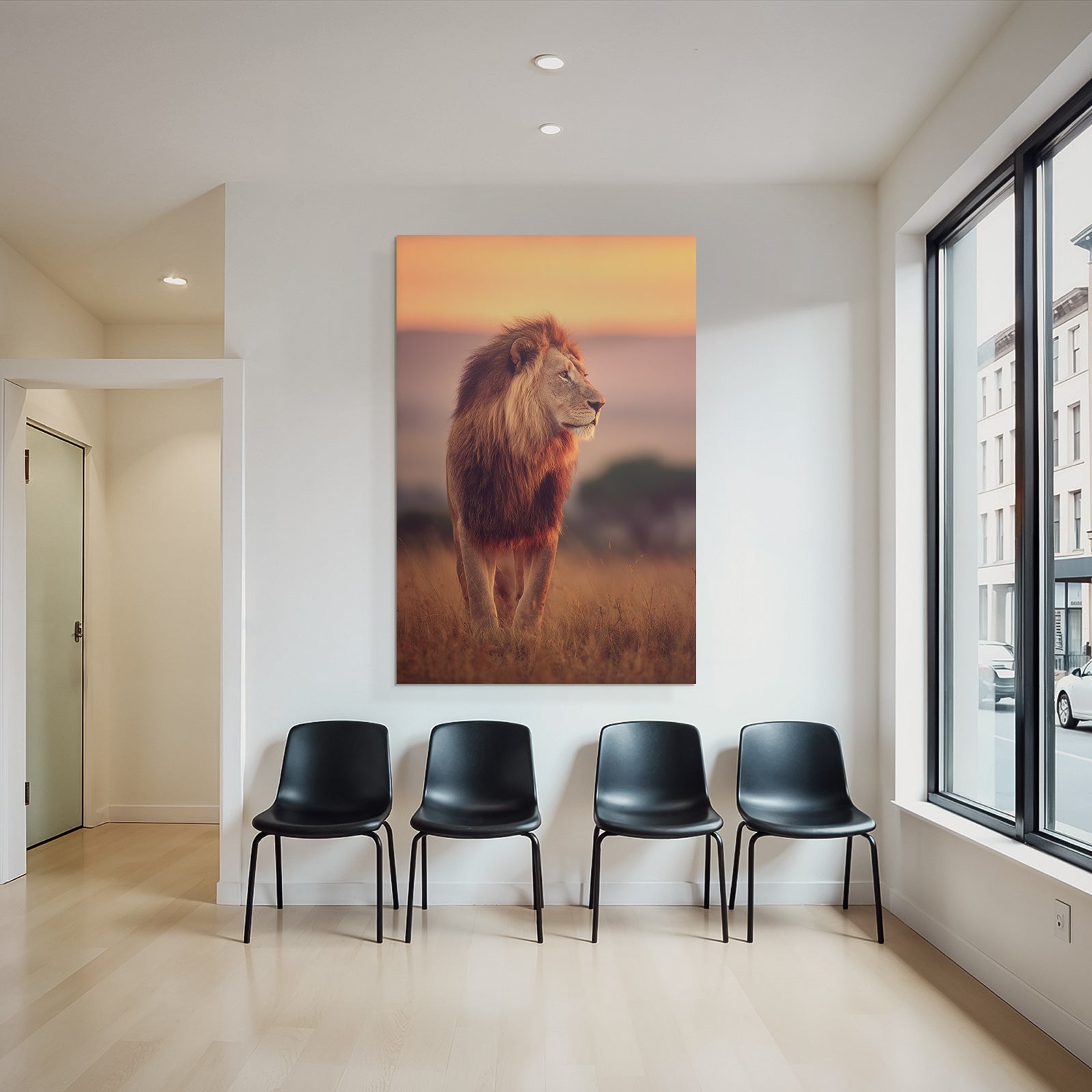 Lion Im Profil Im Feld Bei Sonnenuntergang Vor Himmel In Orange Und Rosa