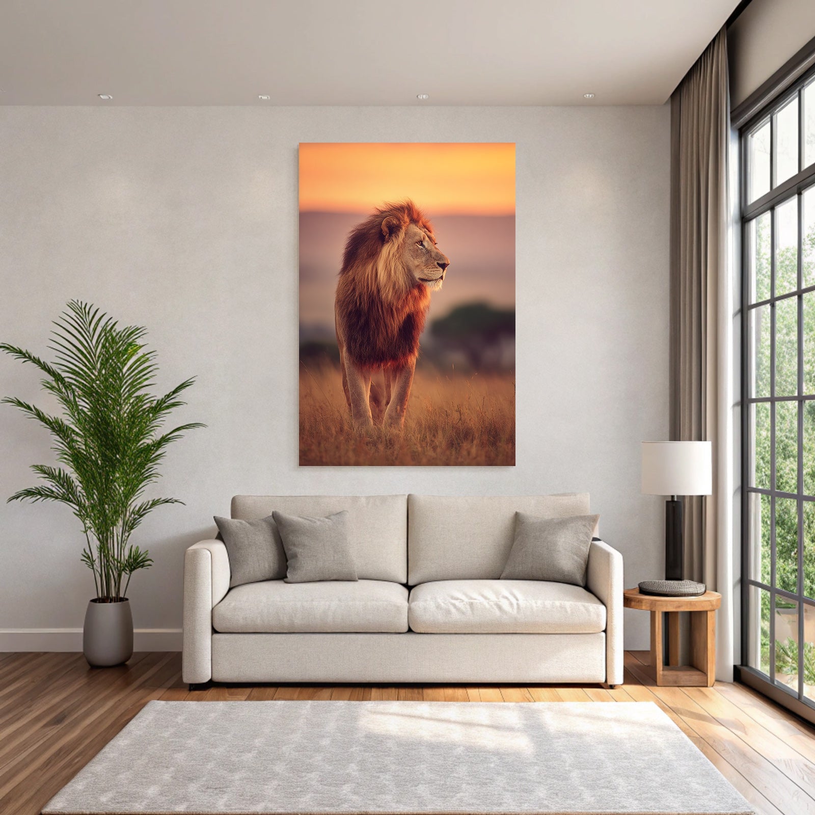 Lion Im Profil Im Feld Bei Sonnenuntergang Vor Himmel In Orange Und Rosa