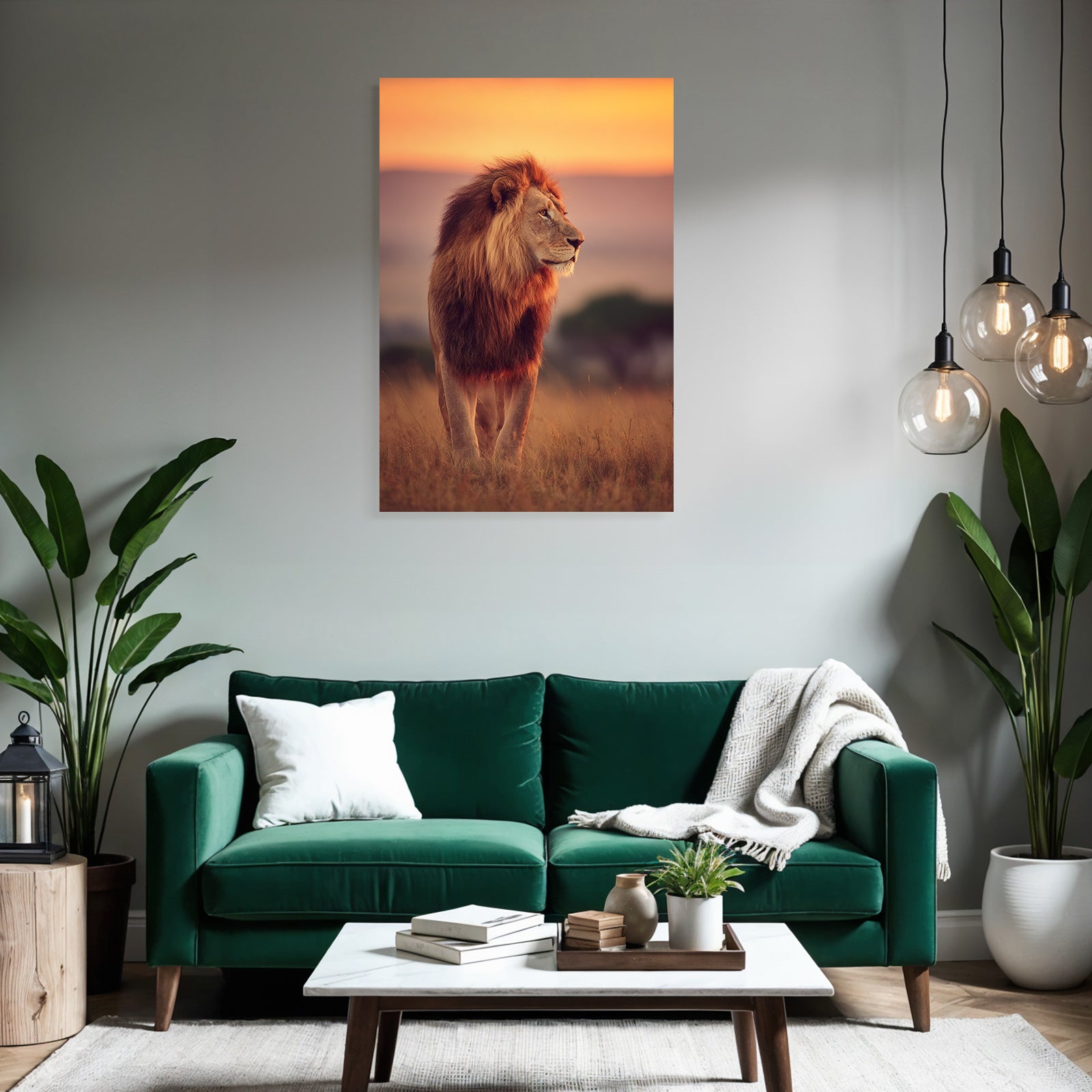 Lion Im Profil Im Feld Bei Sonnenuntergang Vor Himmel In Orange Und Rosa