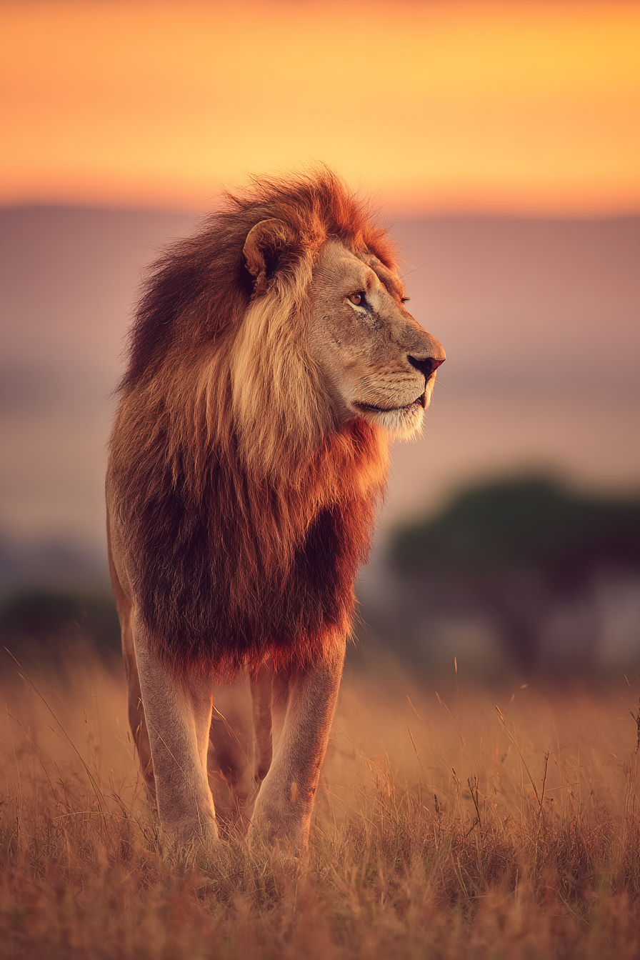Lion Im Profil Im Feld Bei Sonnenuntergang Vor Himmel In Orange Und Rosa | Safari und Wildtiere | Tiere
