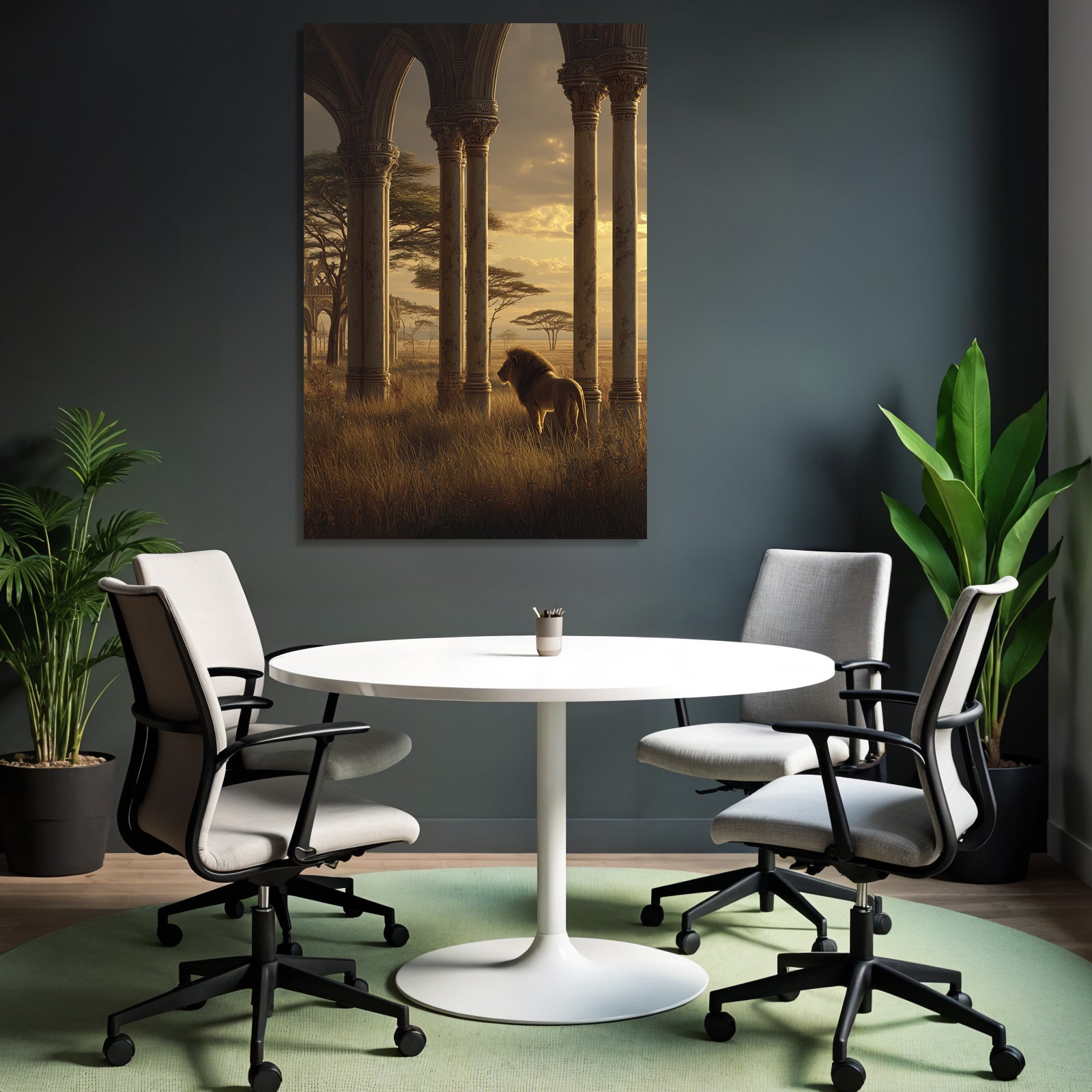 Lion In Der Wildnis Mit Sonnenuntergang Und Säulen