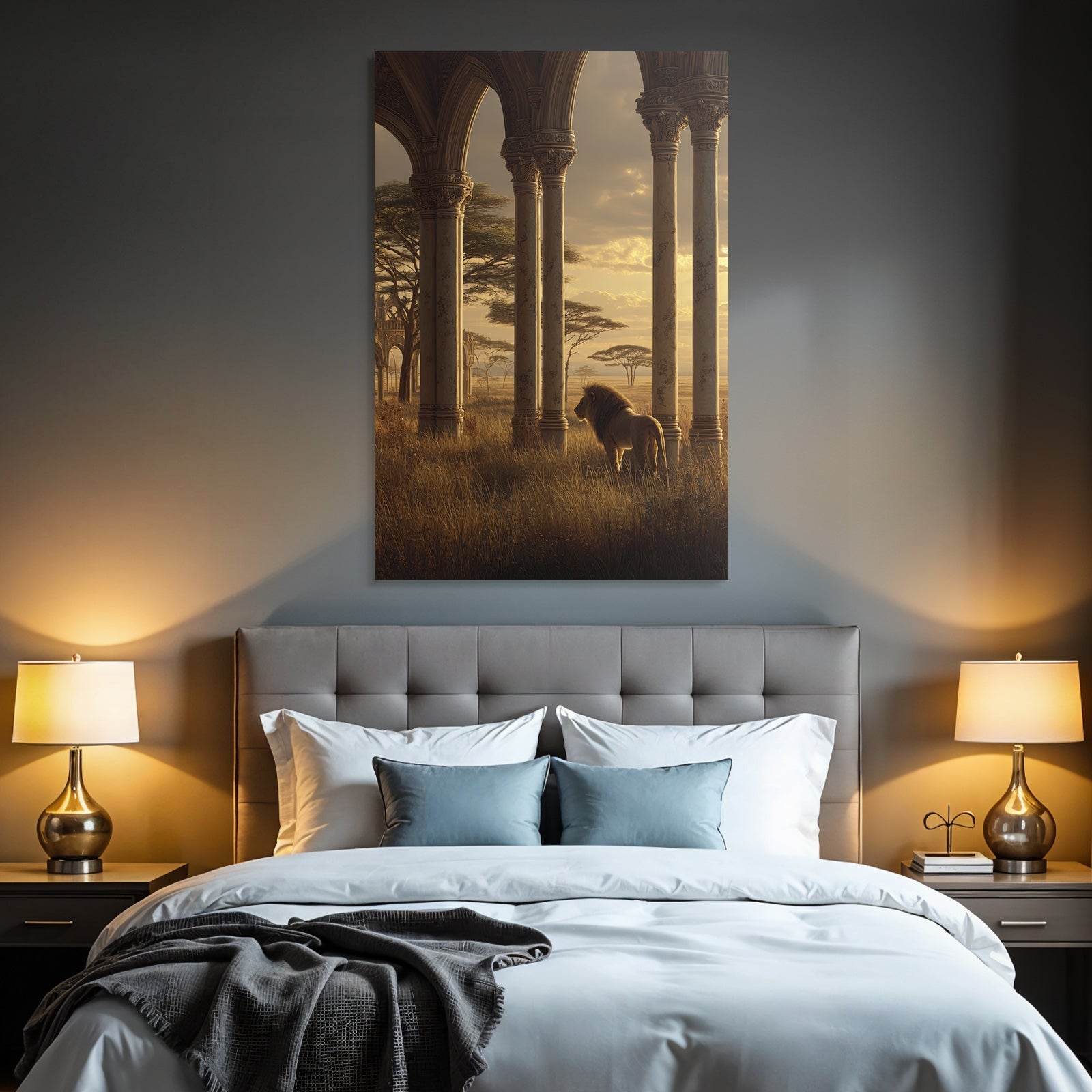 Lion In Der Wildnis Mit Sonnenuntergang Und Säulen