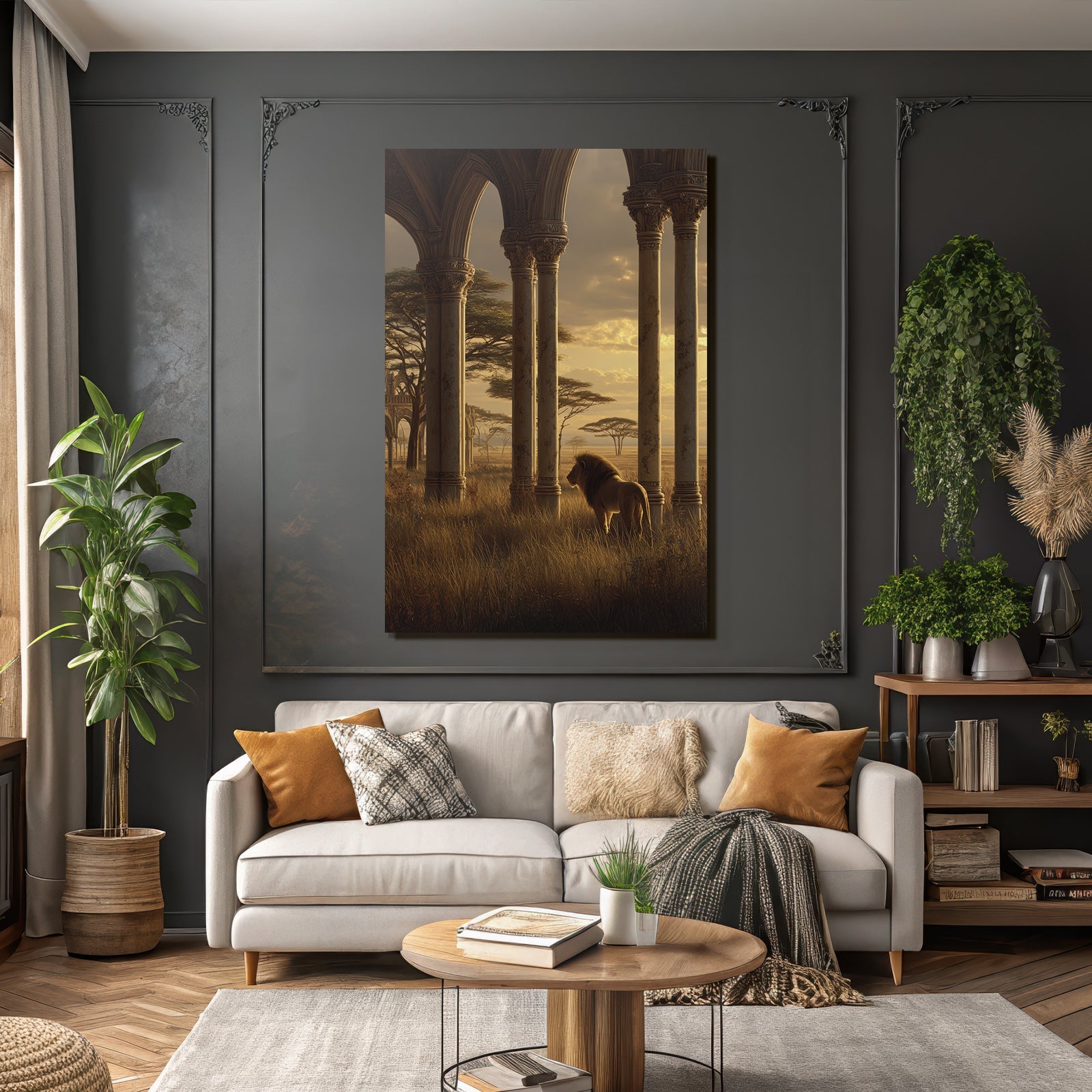 Lion In Der Wildnis Mit Sonnenuntergang Und Säulen