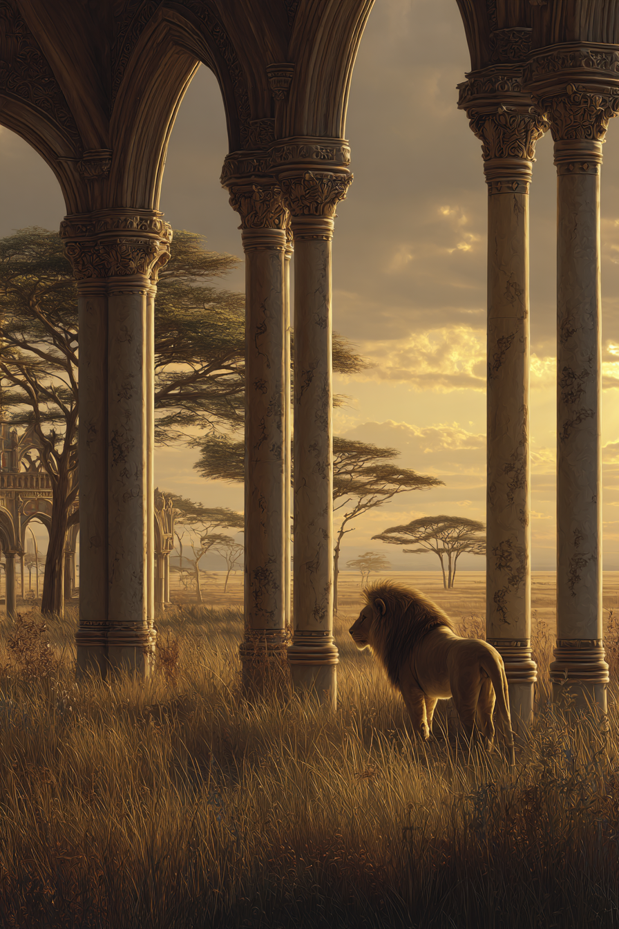 Lion In Der Wildnis Mit Sonnenuntergang Und Säulen | Safari und Wildtiere | Tiere