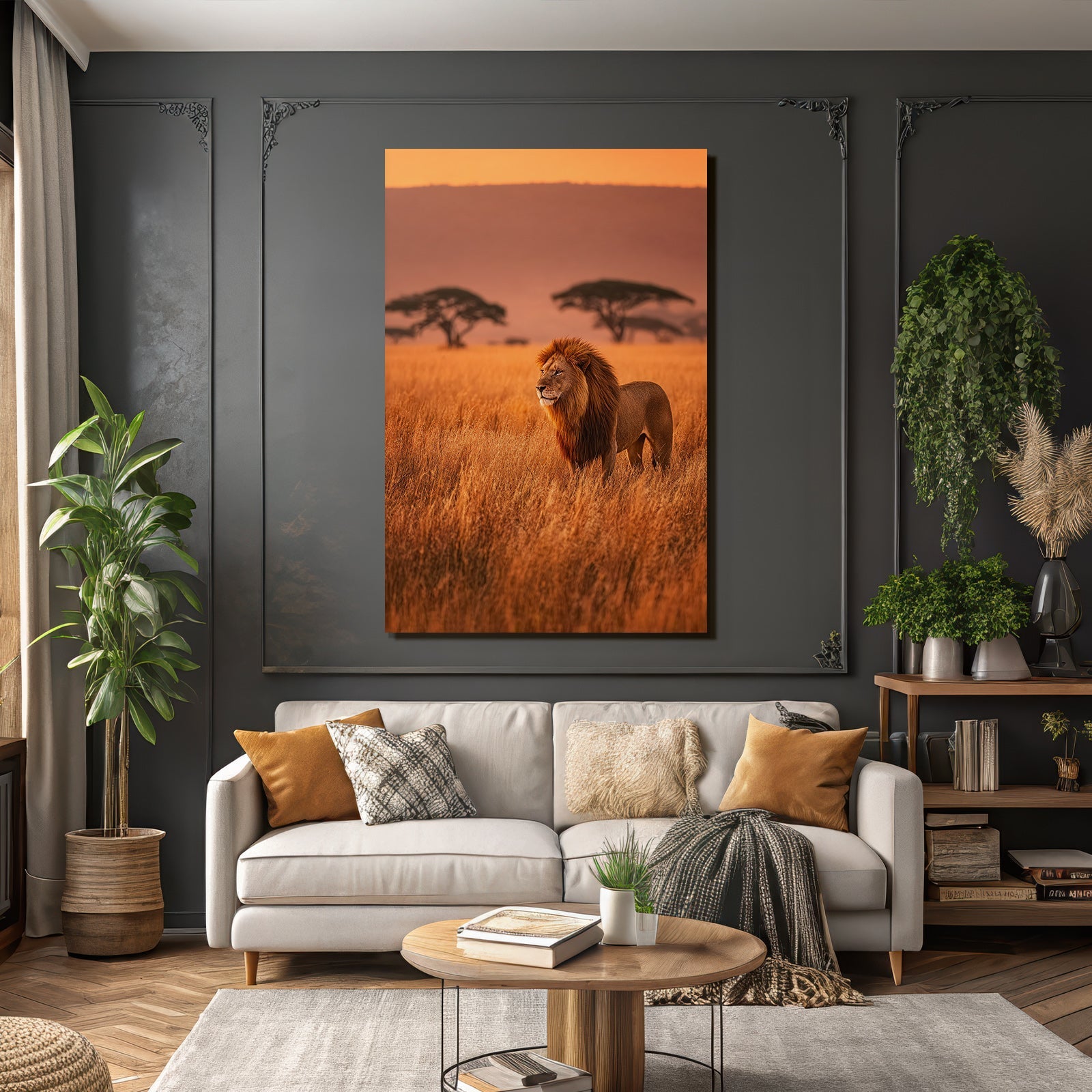 Lion In Grassy Field During Sunset Mit Silhoütten Von Bäumen