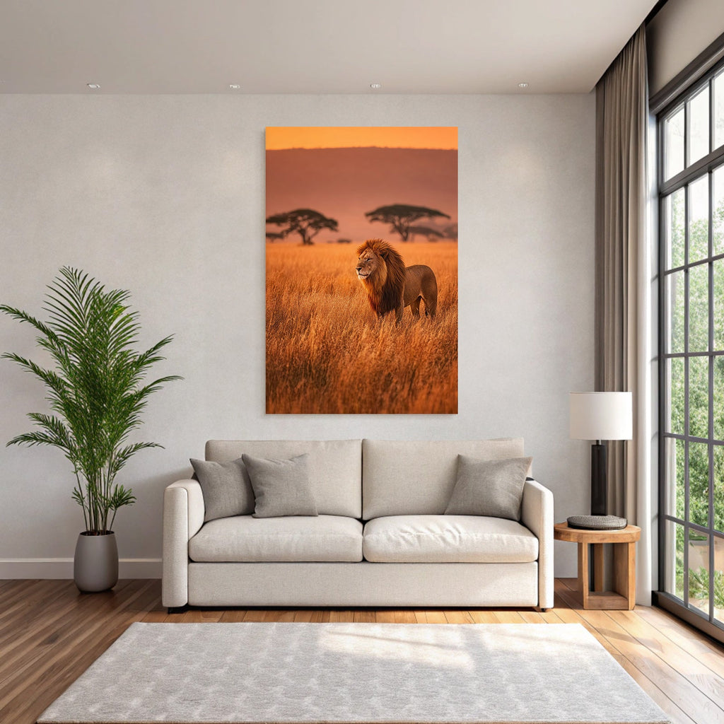 Lion In Grassy Field During Sunset Mit Silhoütten Von Bäumen