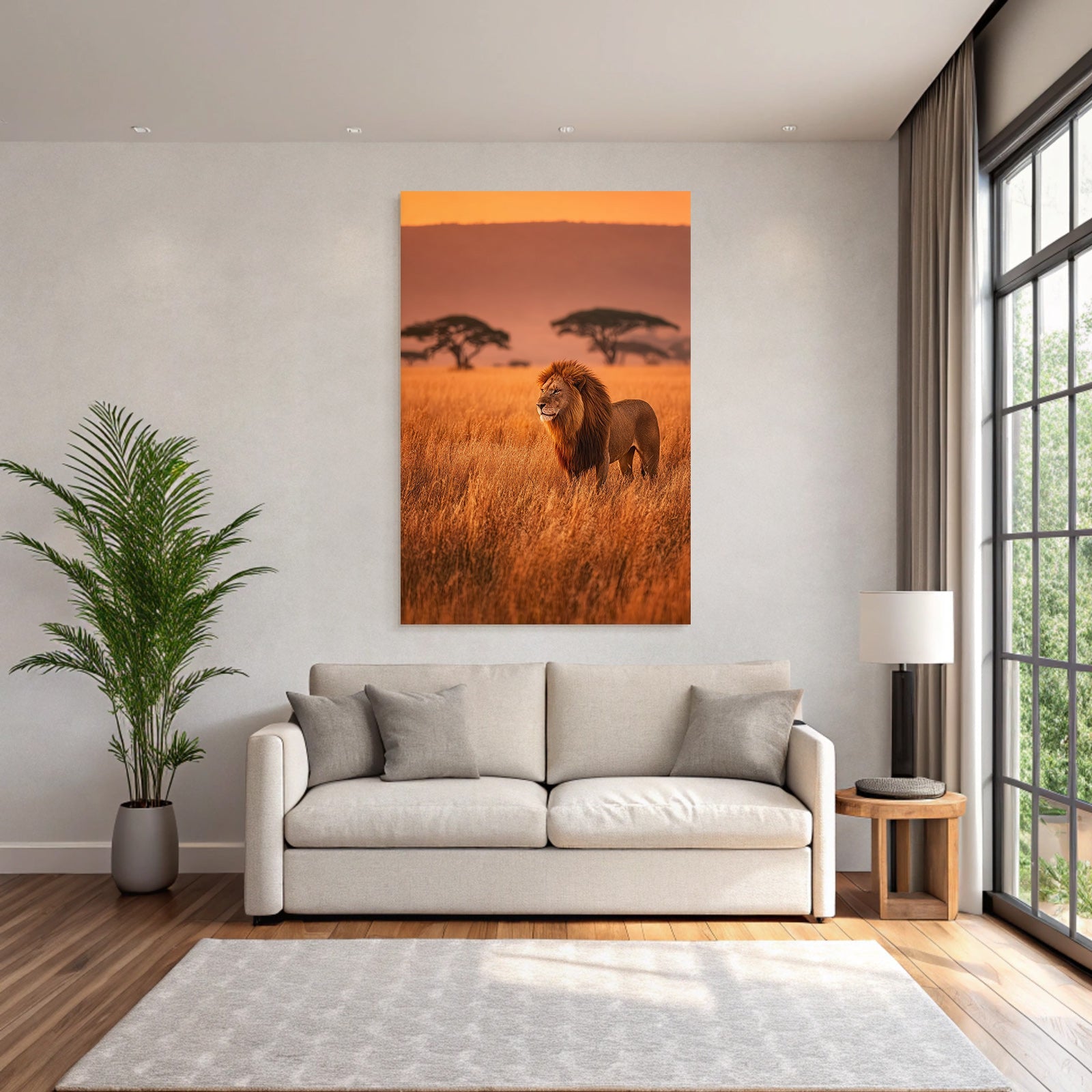 Lion In Grassy Field During Sunset Mit Silhoütten Von Bäumen