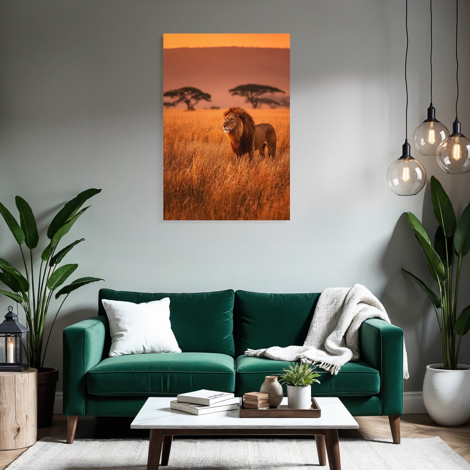 Lion In Grassy Field During Sunset Mit Silhoütten Von Bäumen