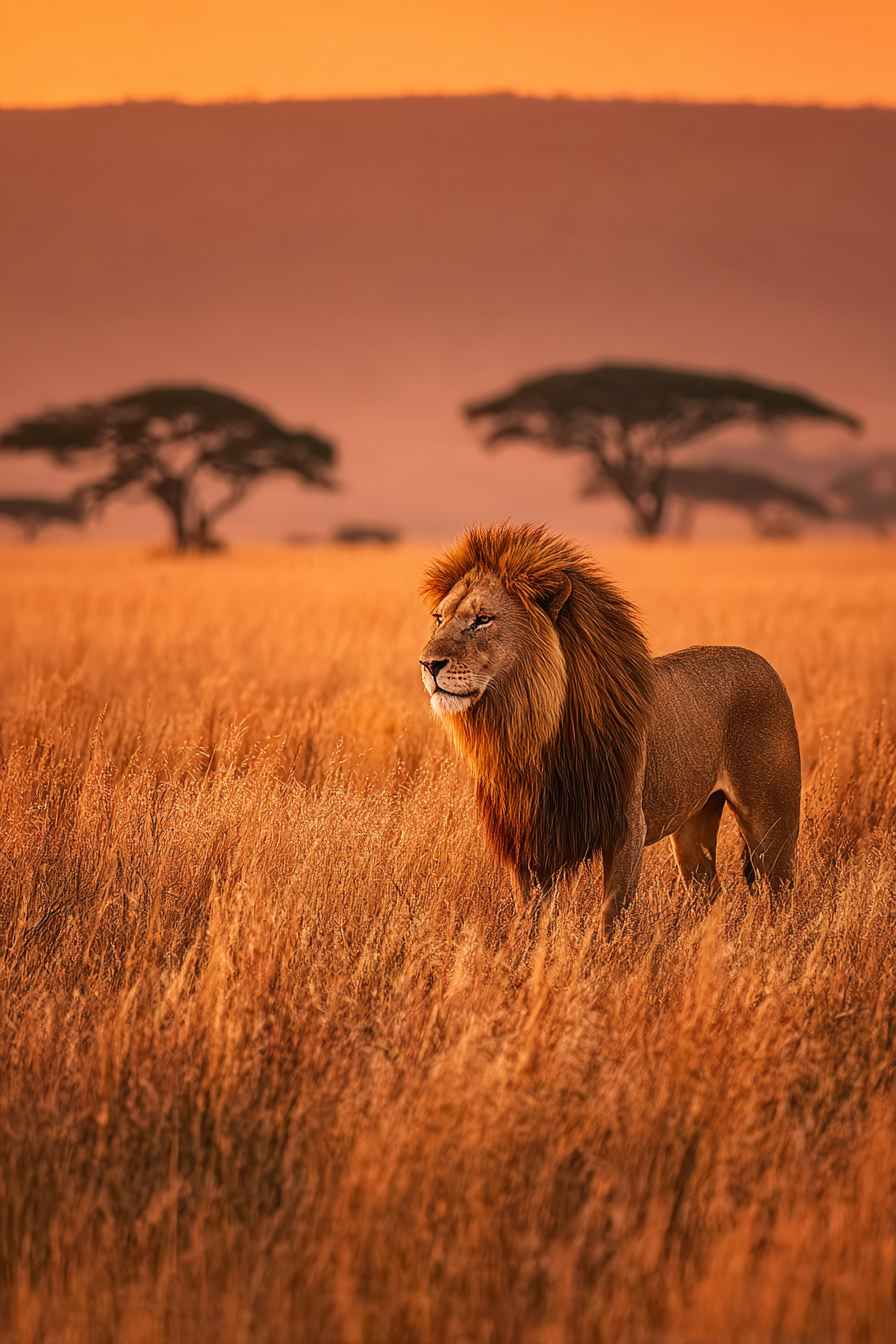 Lion In Grassy Field During Sunset Mit Silhoütten Von Bäumen | Safari und Wildtiere | Tiere