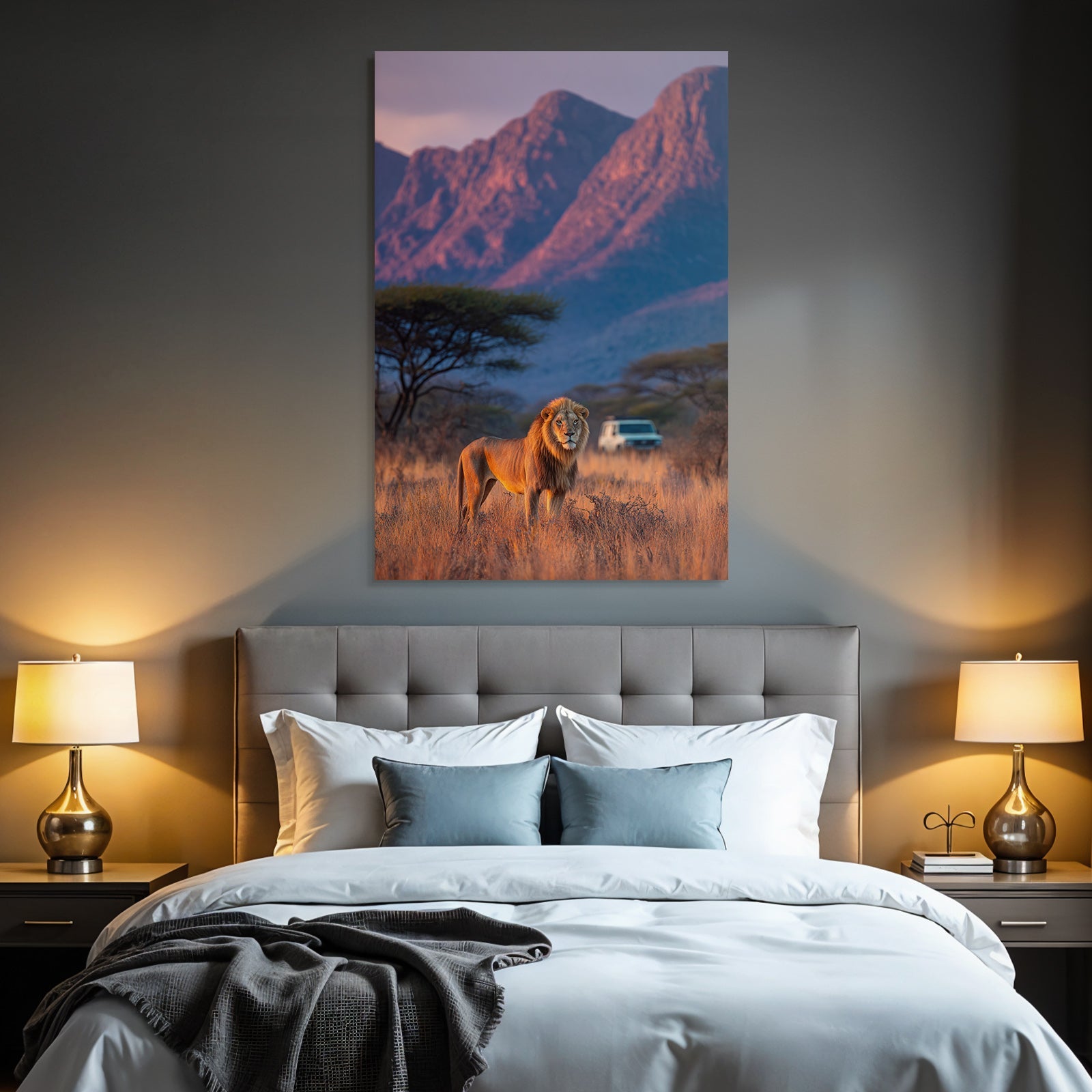 Lion In Natural Setting With Mountains Vehicle In Distance Dawn Or Dusk