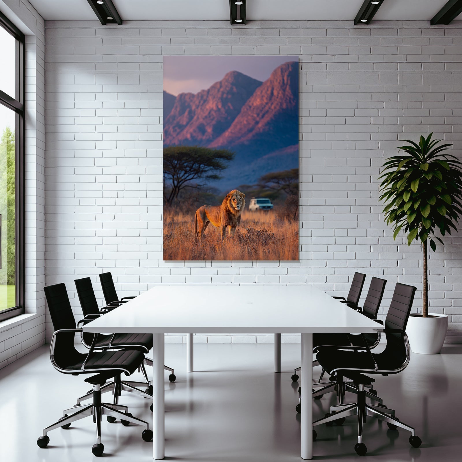 Lion In Natural Setting With Mountains Vehicle In Distance Dawn Or Dusk