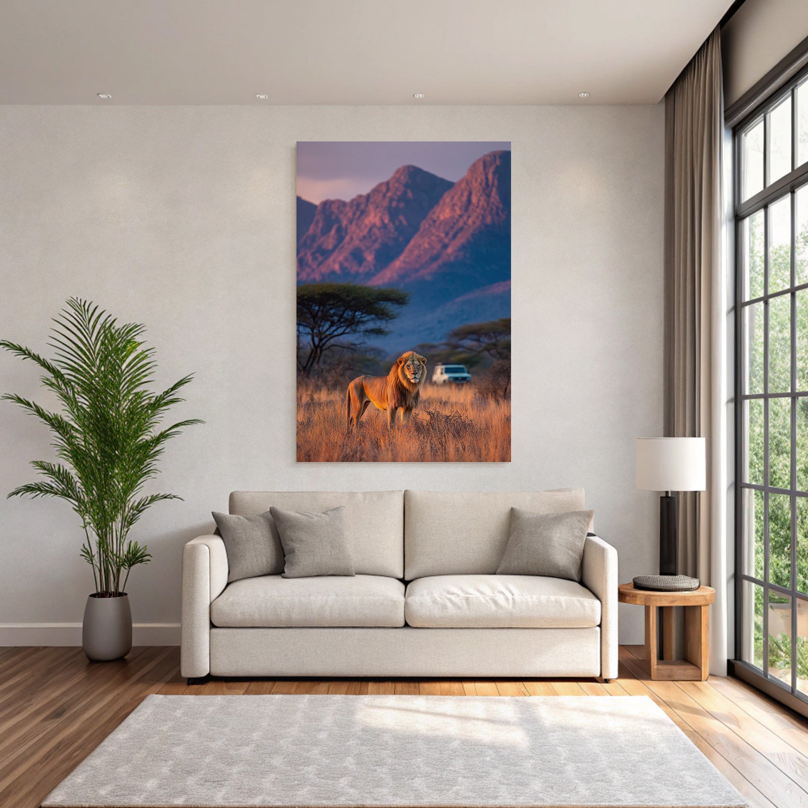 Lion In Natural Setting With Mountains Vehicle In Distance Dawn Or Dusk