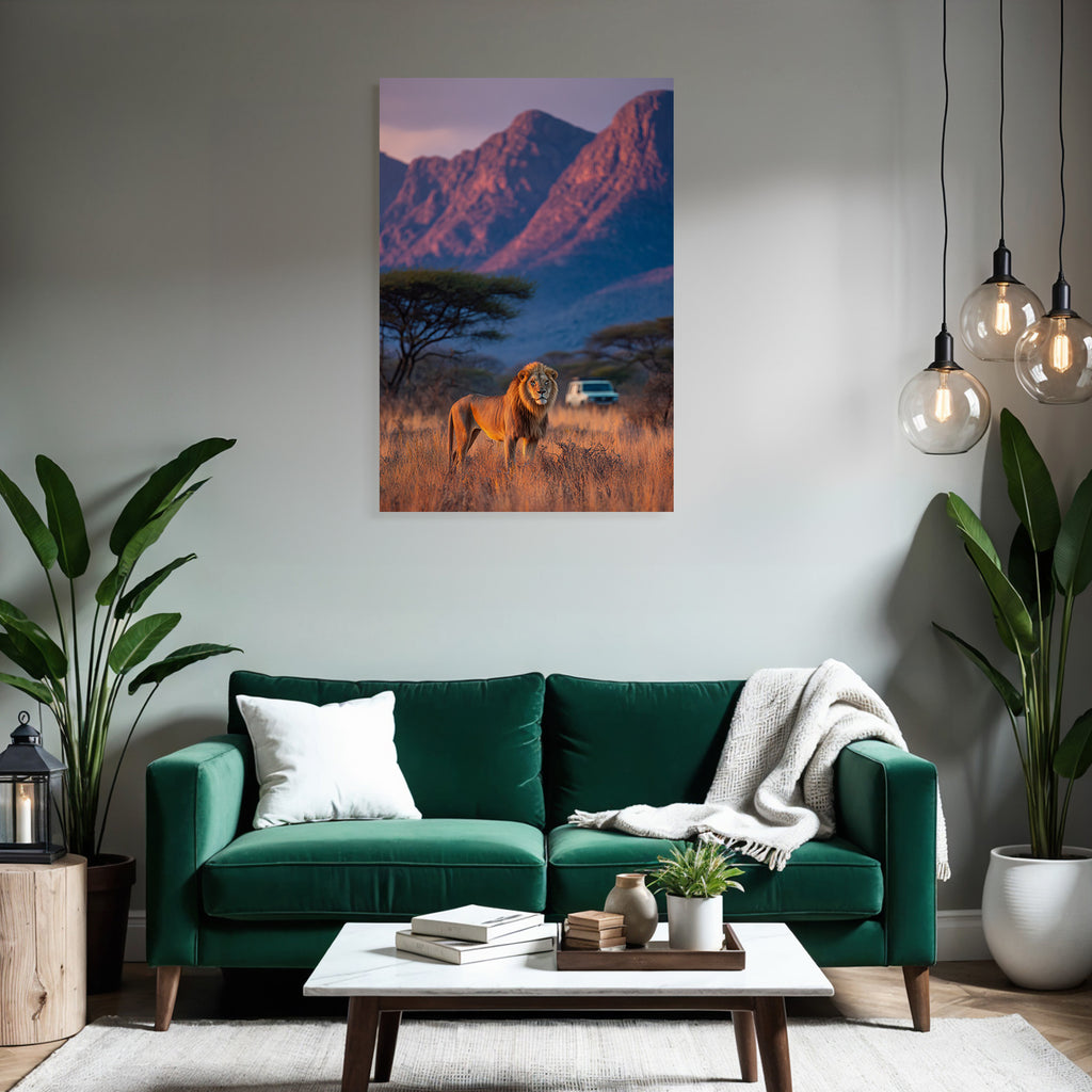 Lion In Natural Setting With Mountains Vehicle In Distance Dawn Or Dusk
