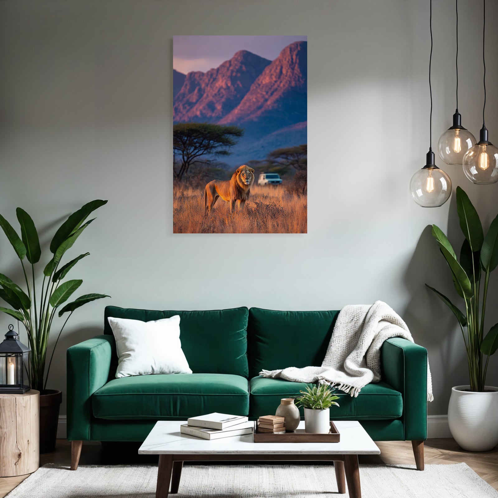Lion In Natural Setting With Mountains Vehicle In Distance Dawn Or Dusk