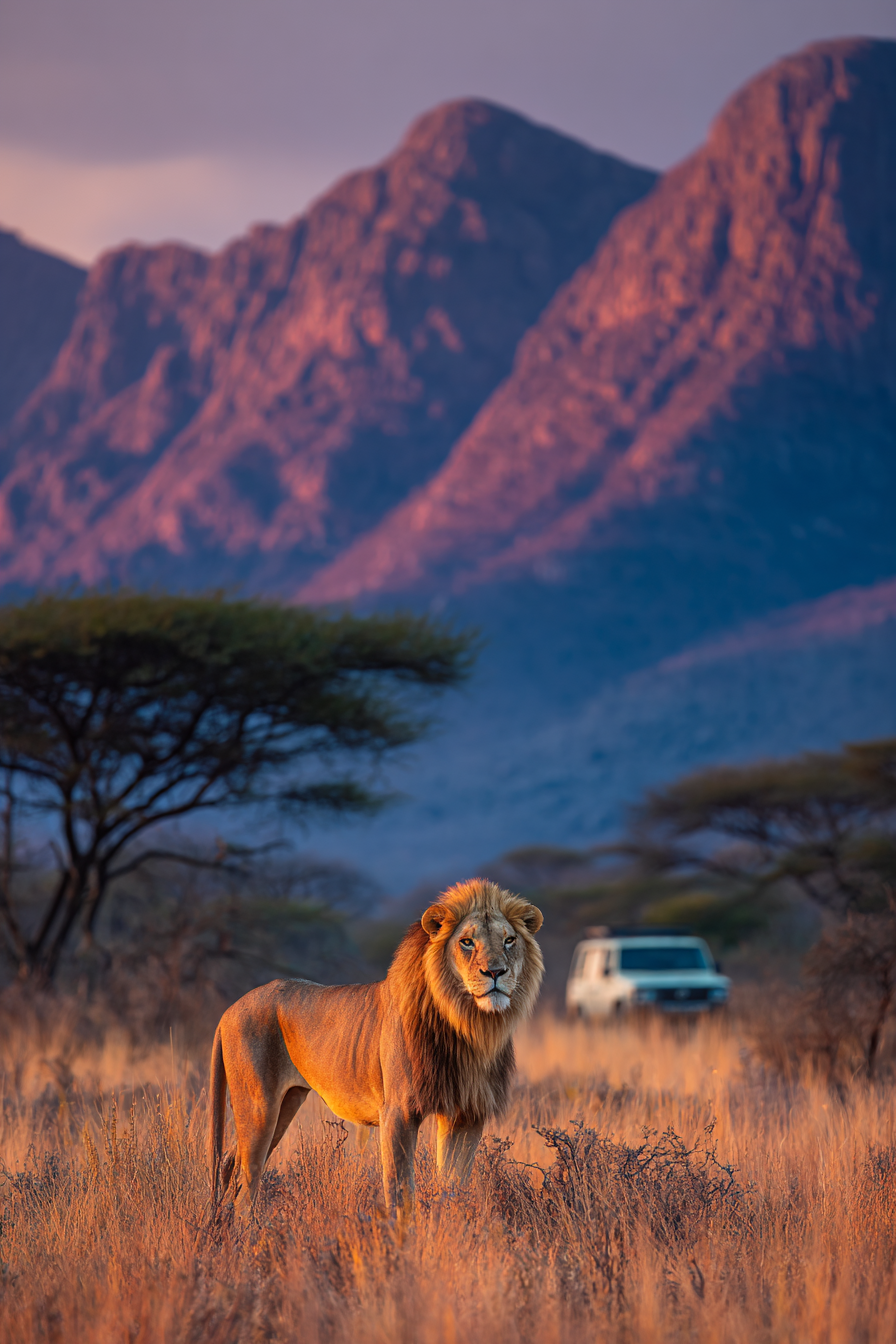Lion In Natural Setting With Mountains Vehicle In Distance Dawn Or Dusk | Safari und Wildtiere | Tiere