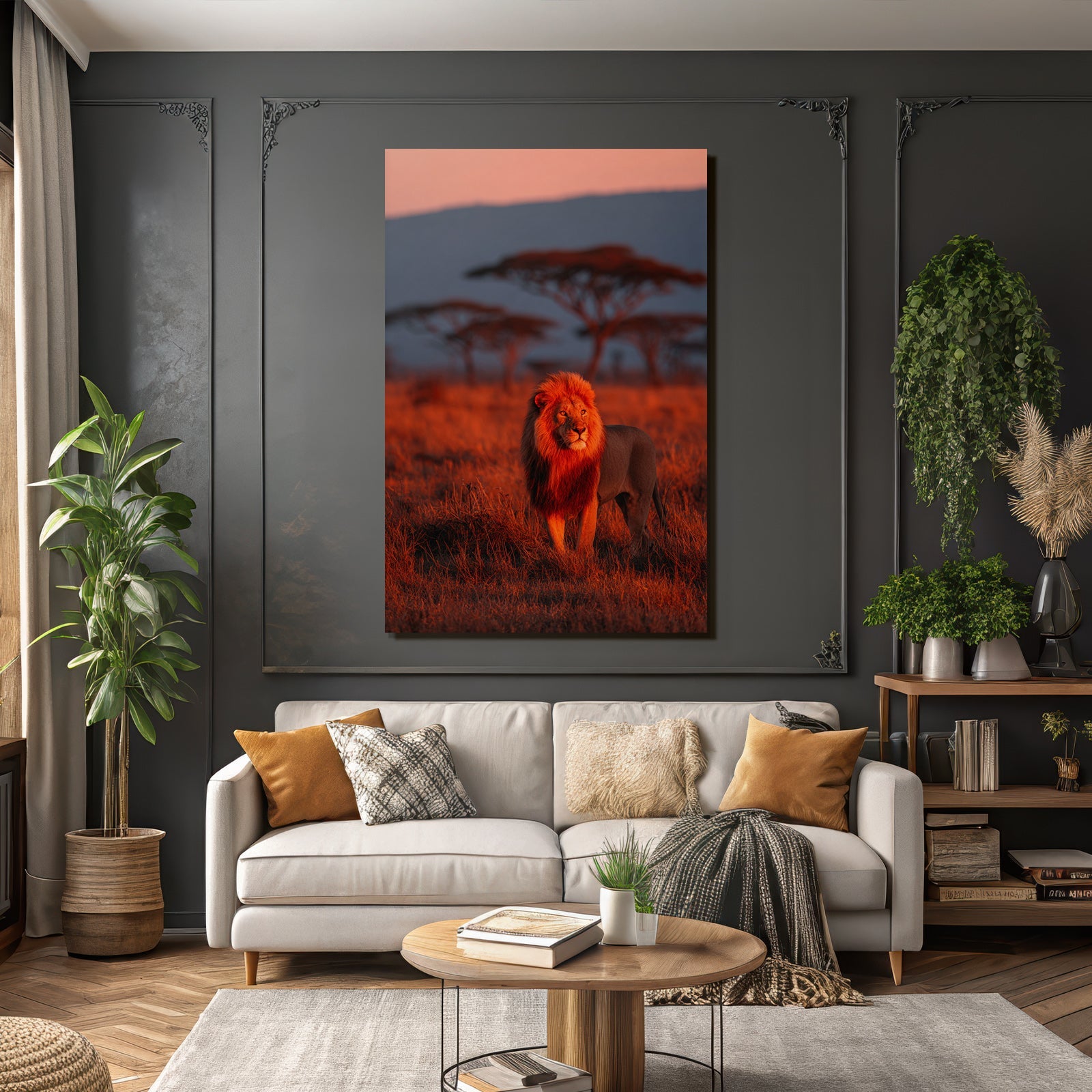 Lion In Vivid Landscape Bei Sonnenuntergang