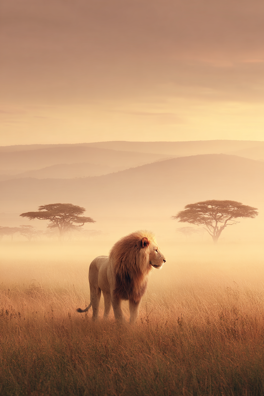 Lion Stehend Im Grasfeld Bei Goldener Stunde Mit Hügeln Im Hintergrund | Safari und Wildtiere | Tiere