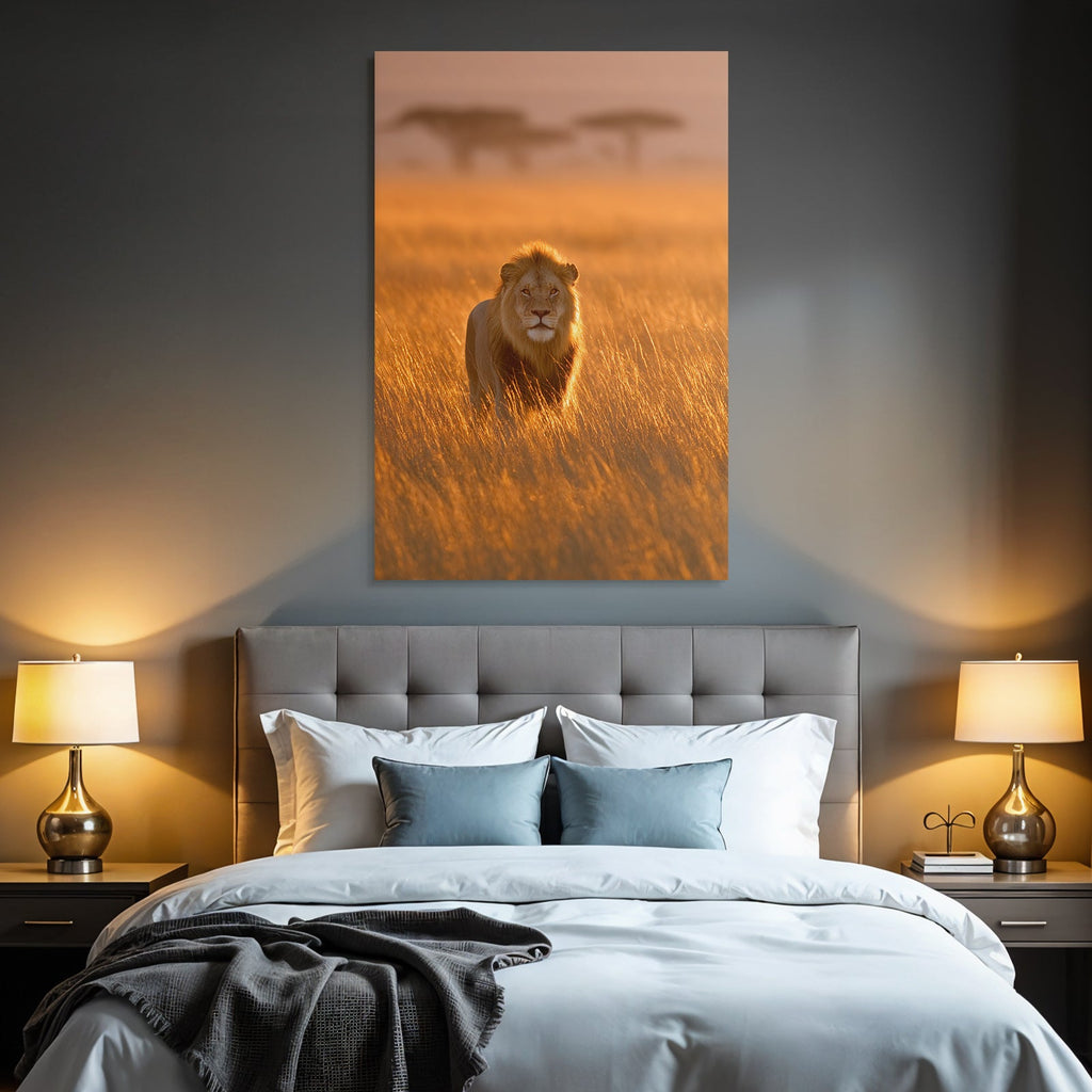 Löwe Durch Hochgras Im Sonnenuntergang Savanne Szenenruhe Wildlife