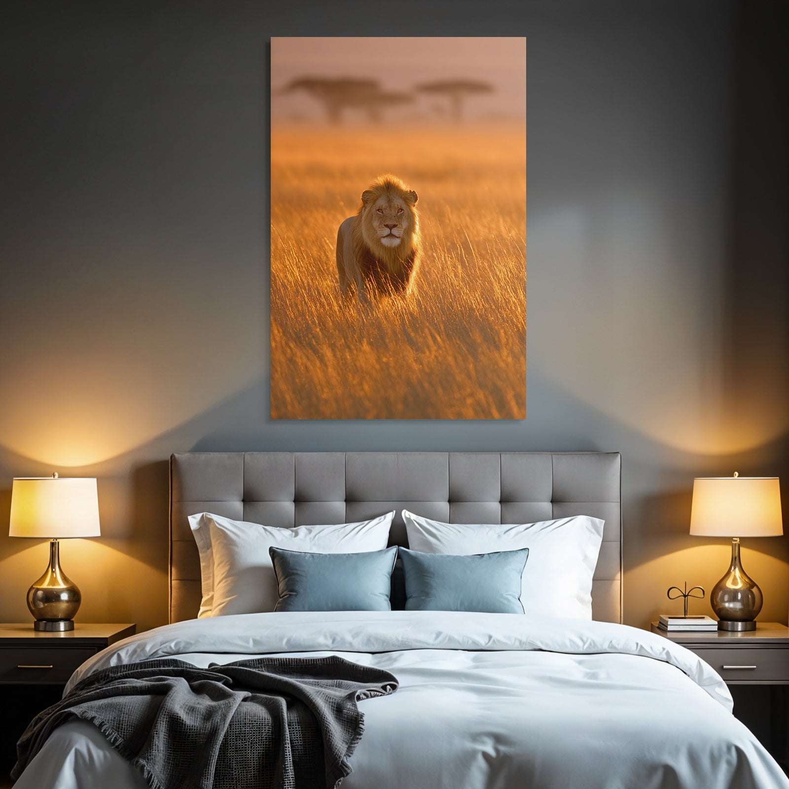 Löwe Durch Hochgras Im Sonnenuntergang Savanne Szenenruhe Wildlife