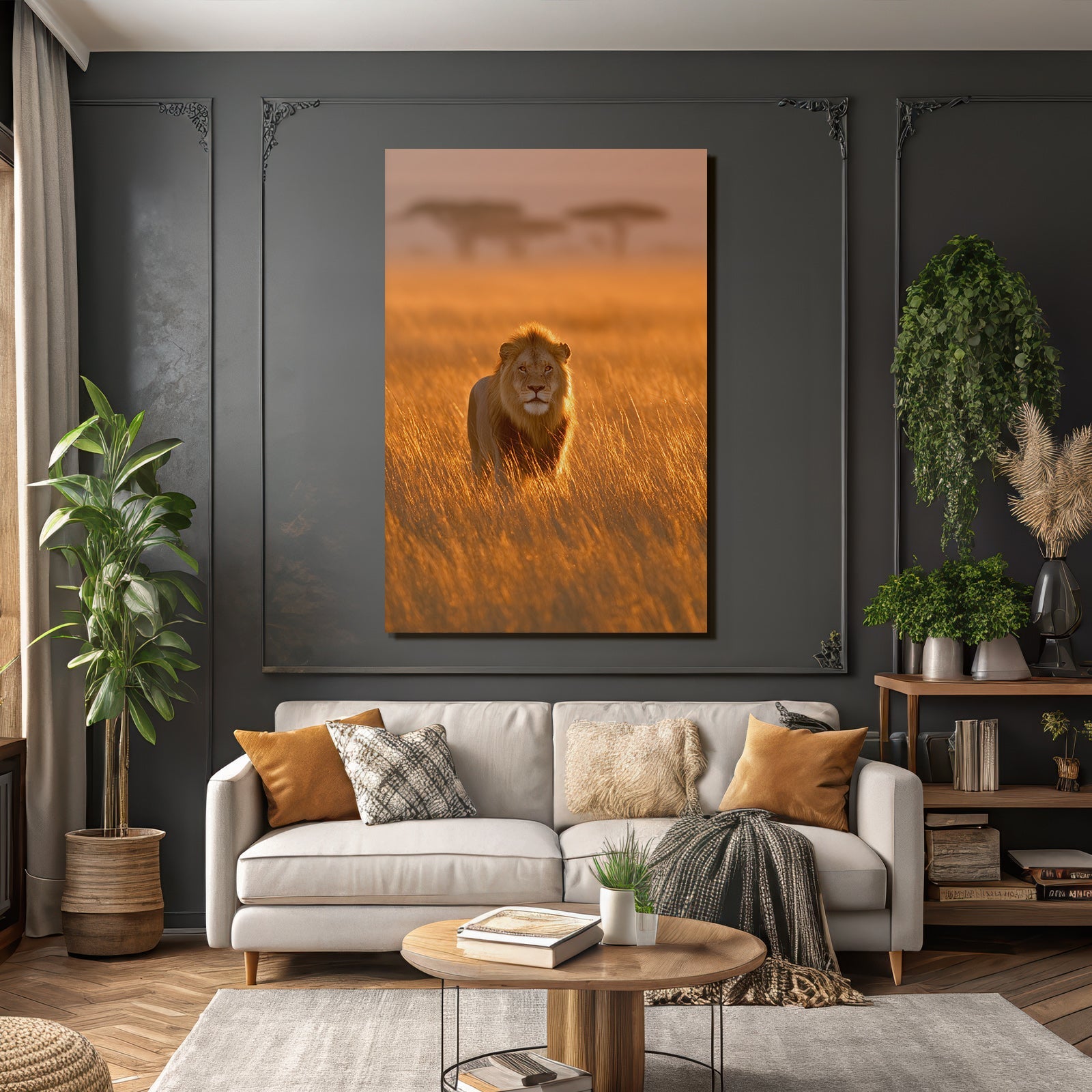 Löwe Durch Hochgras Im Sonnenuntergang Savanne Szenenruhe Wildlife