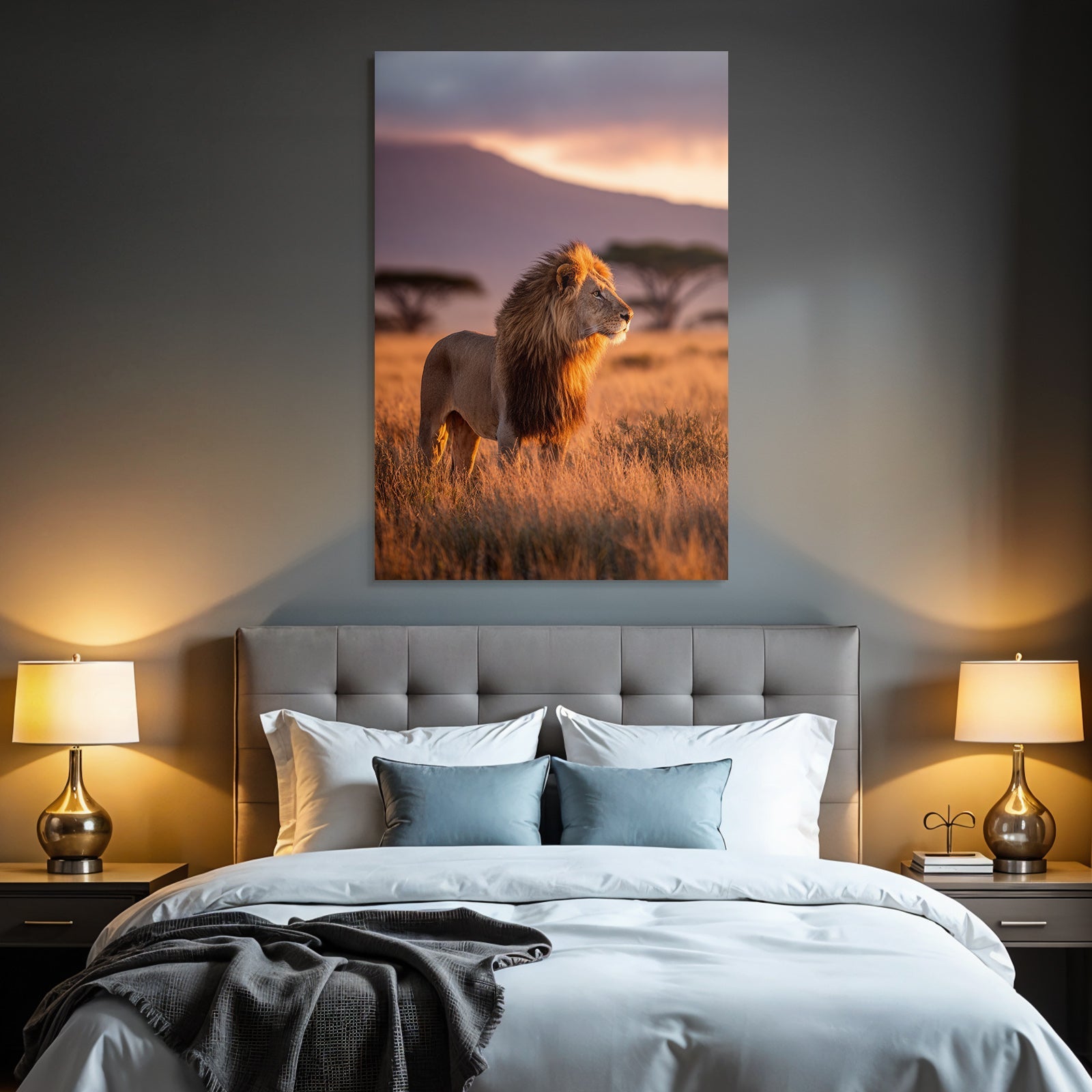 Löwe Im Grünen Landscape Bei Sonnenuntergang