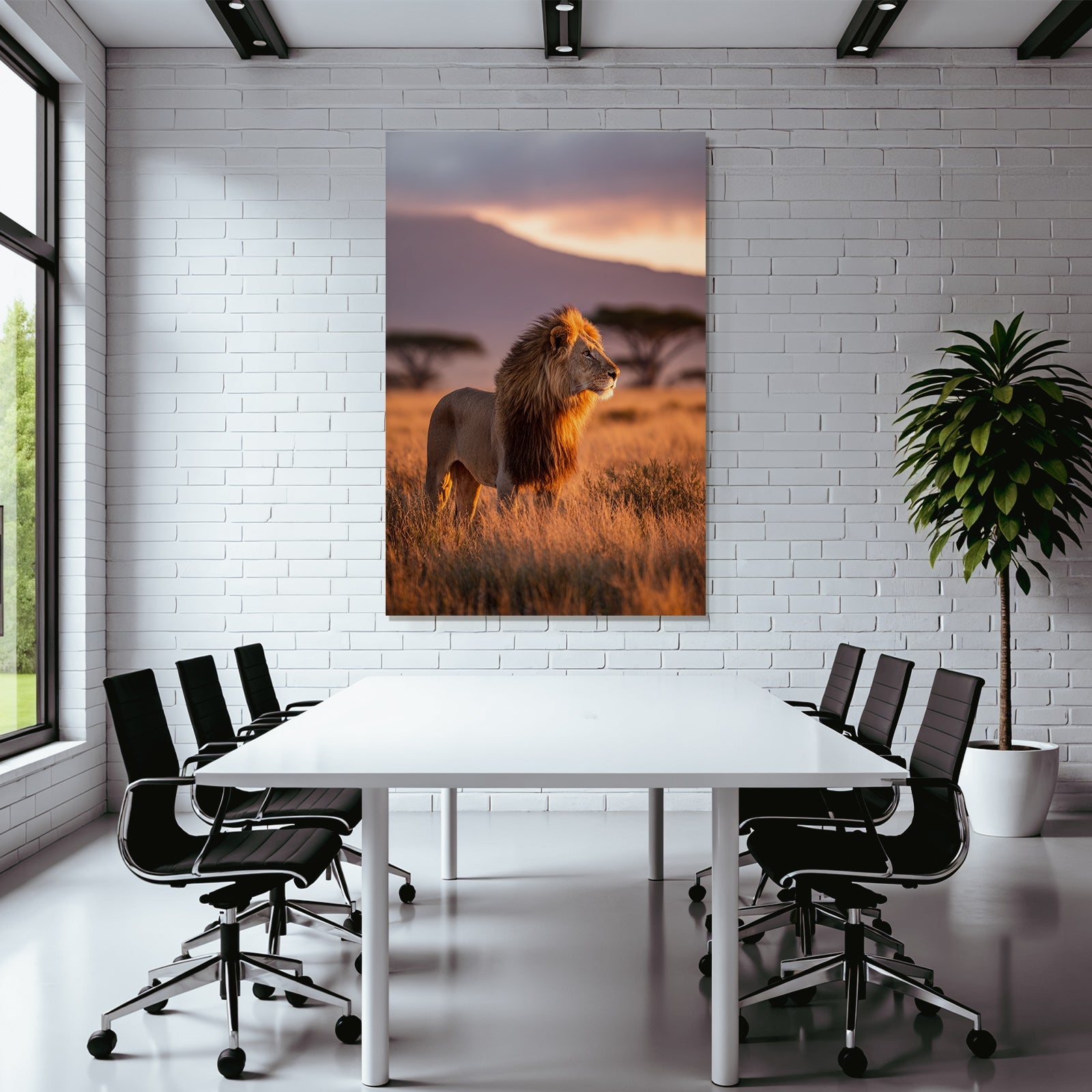Löwe Im Grünen Landscape Bei Sonnenuntergang