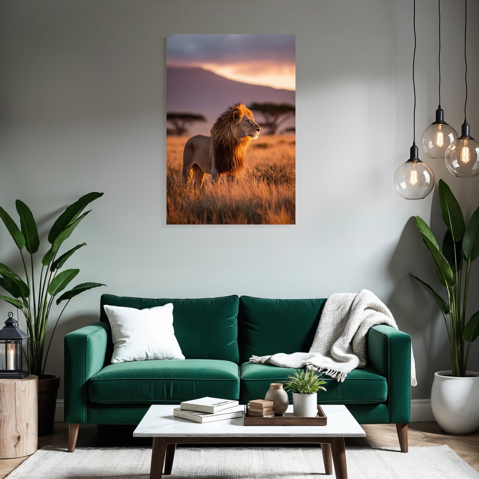 Löwe Im Grünen Landscape Bei Sonnenuntergang