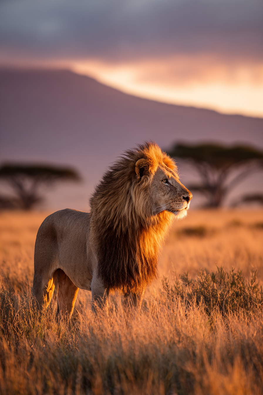 Löwe Im Grünen Landscape Bei Sonnenuntergang | Safari und Wildtiere | Tiere