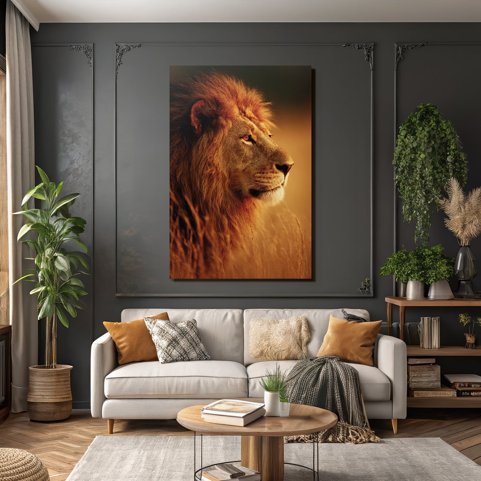 Löwe Im Profil Mit Mane In Goldenen Gräsern