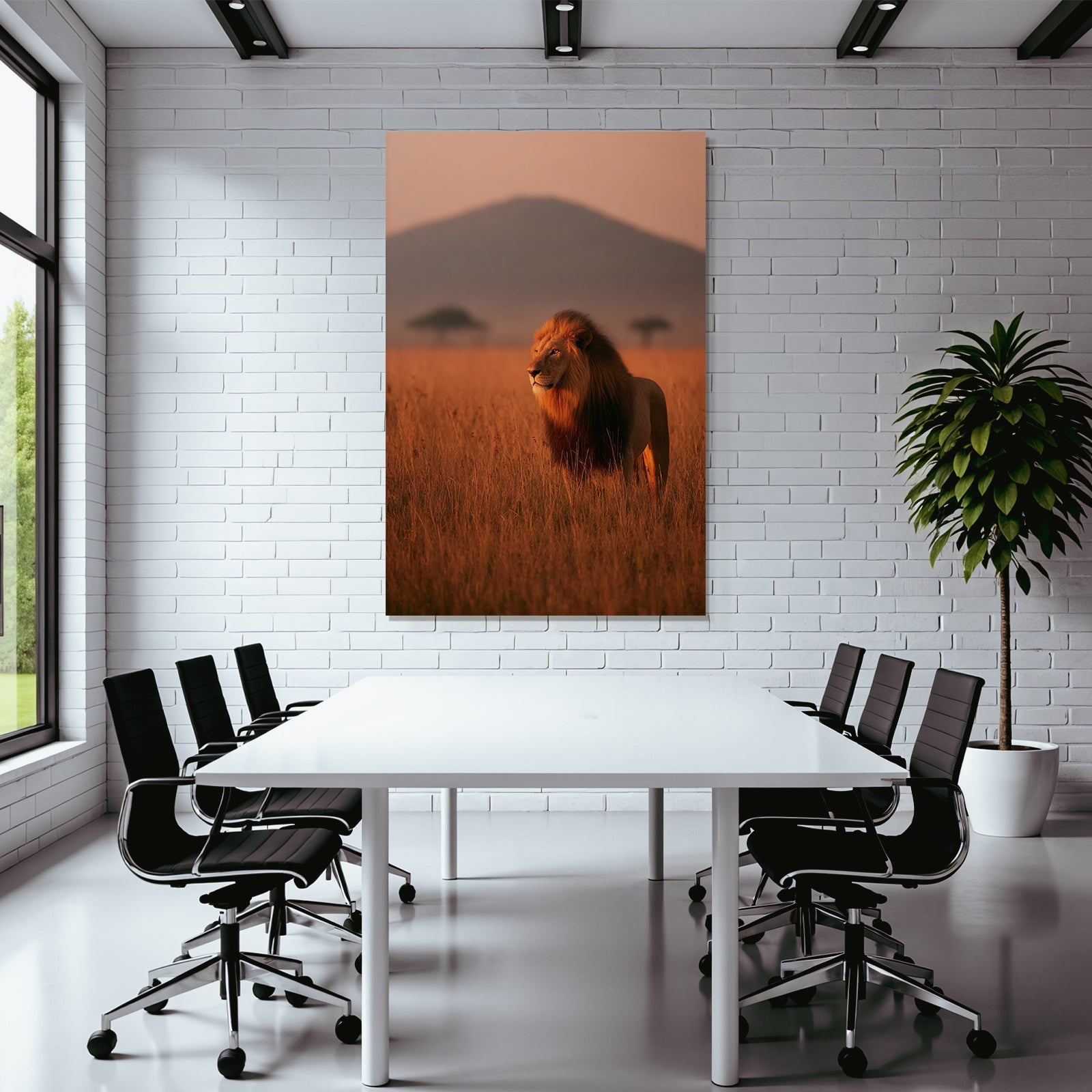 Löwe Im Savanne Im Sonnenuntergang Mit Bäumen Und Berg
