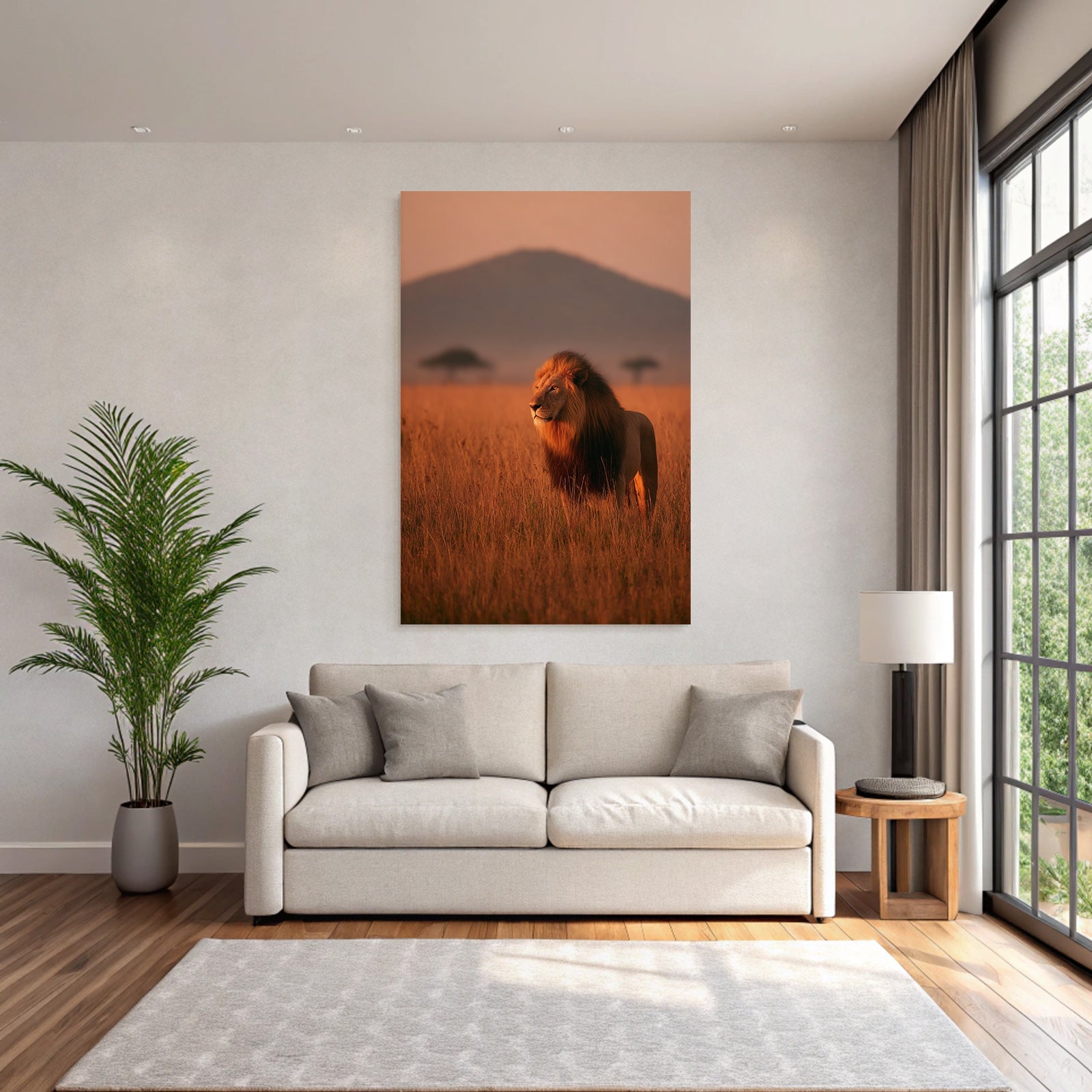 Löwe Im Savanne Im Sonnenuntergang Mit Bäumen Und Berg