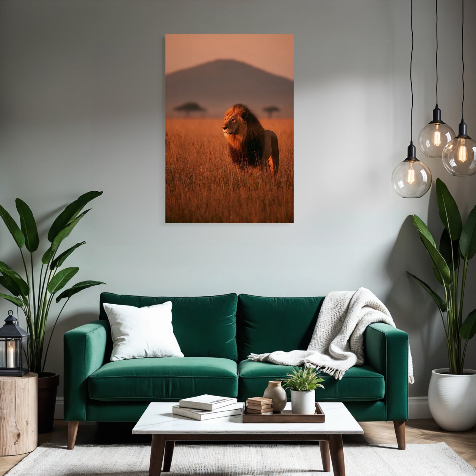 Löwe Im Savanne Im Sonnenuntergang Mit Bäumen Und Berg