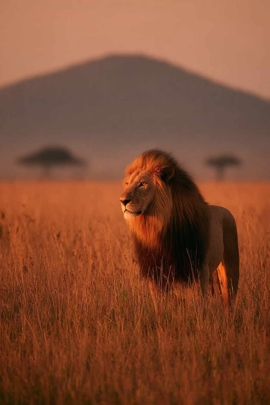 Löwe Im Savanne Im Sonnenuntergang Mit Bäumen Und Berg | Safari und Wildtiere | Tiere