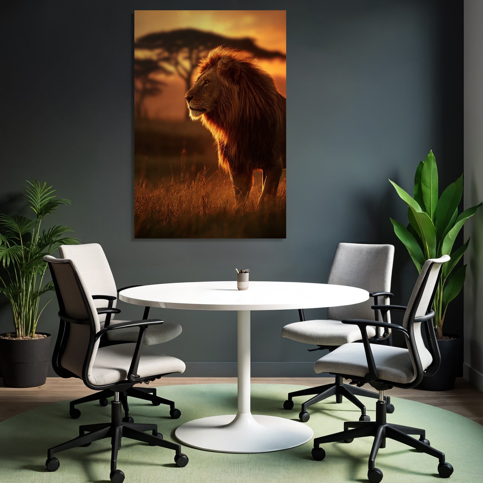 Löwe Im Sonnenuntergang Mit Bäumen Und Graslandschaft