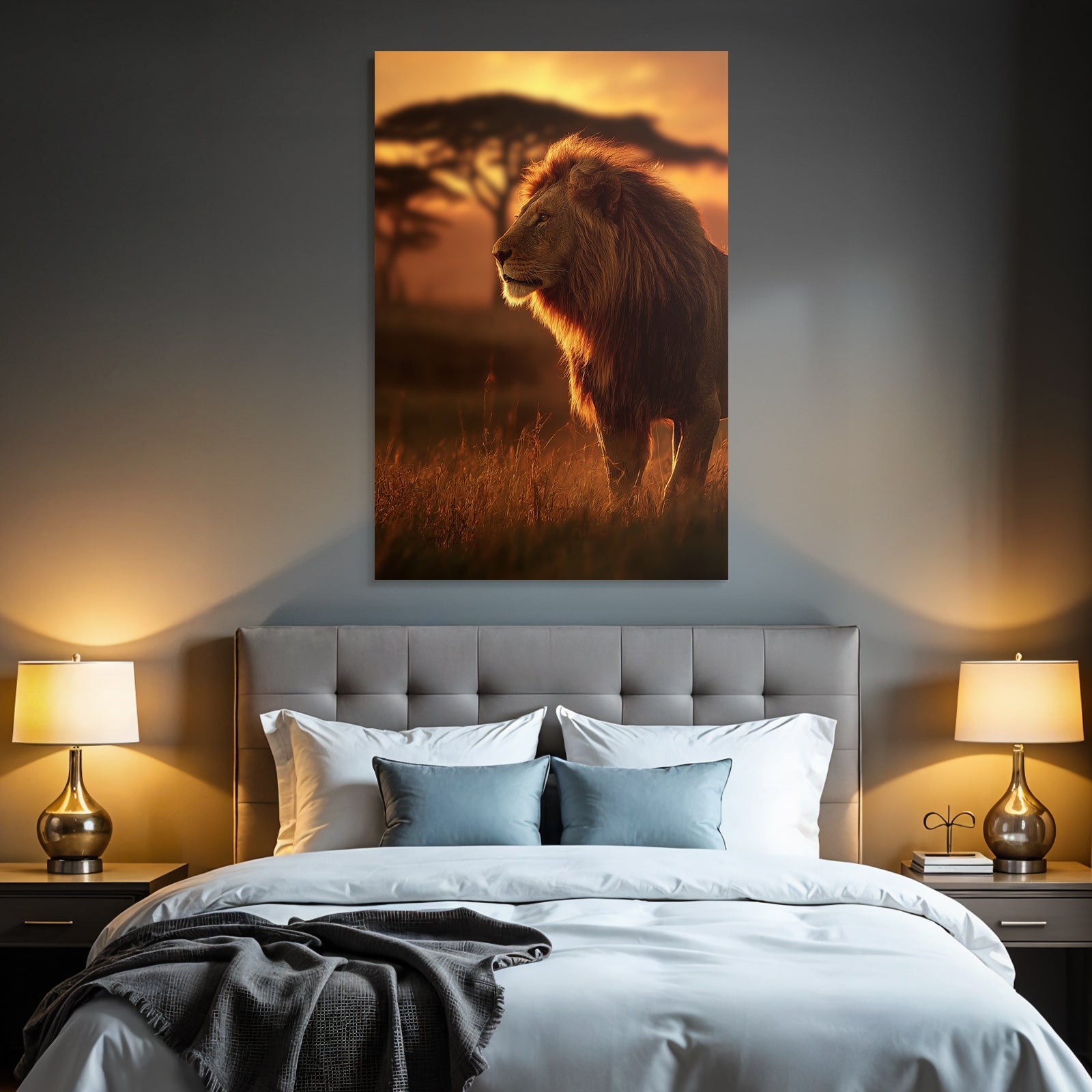 Löwe Im Sonnenuntergang Mit Bäumen Und Graslandschaft