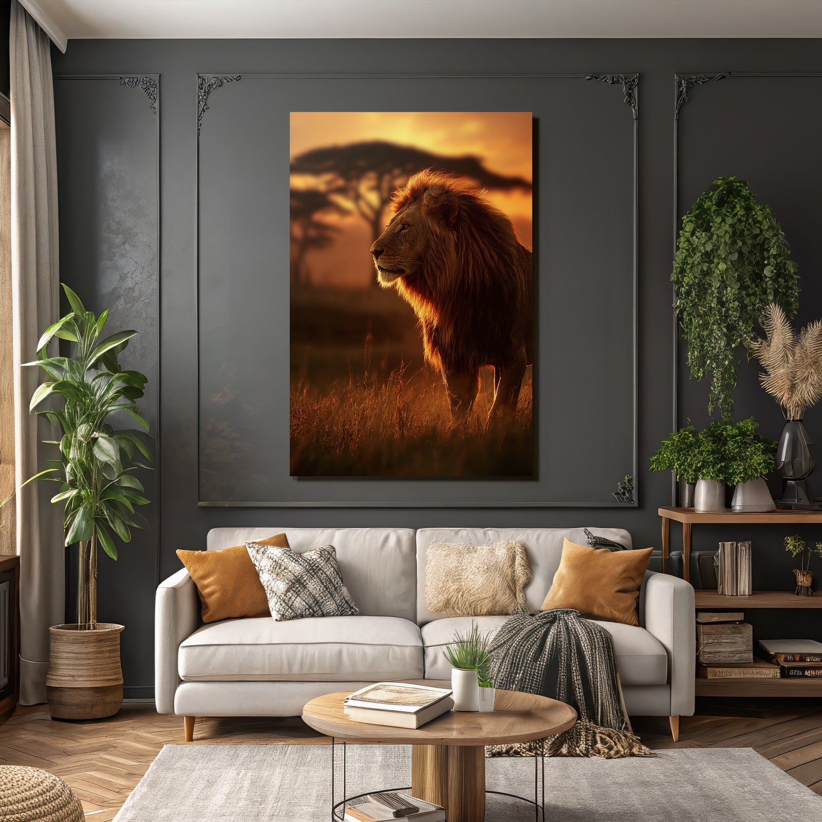 Löwe Im Sonnenuntergang Mit Bäumen Und Graslandschaft
