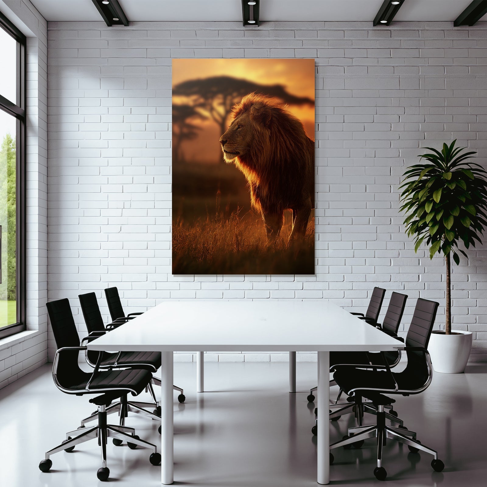 Löwe Im Sonnenuntergang Mit Bäumen Und Graslandschaft