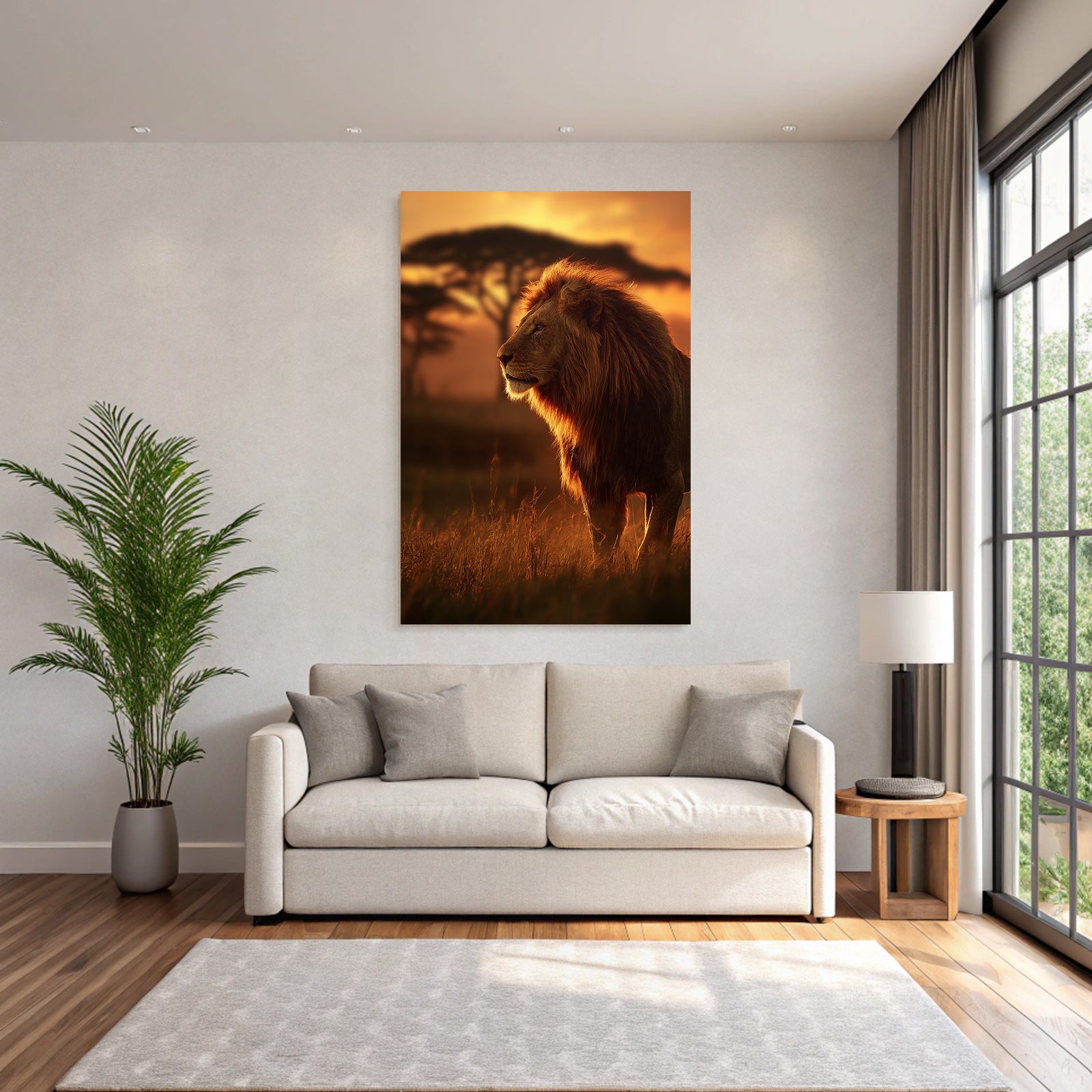 Löwe Im Sonnenuntergang Mit Bäumen Und Graslandschaft