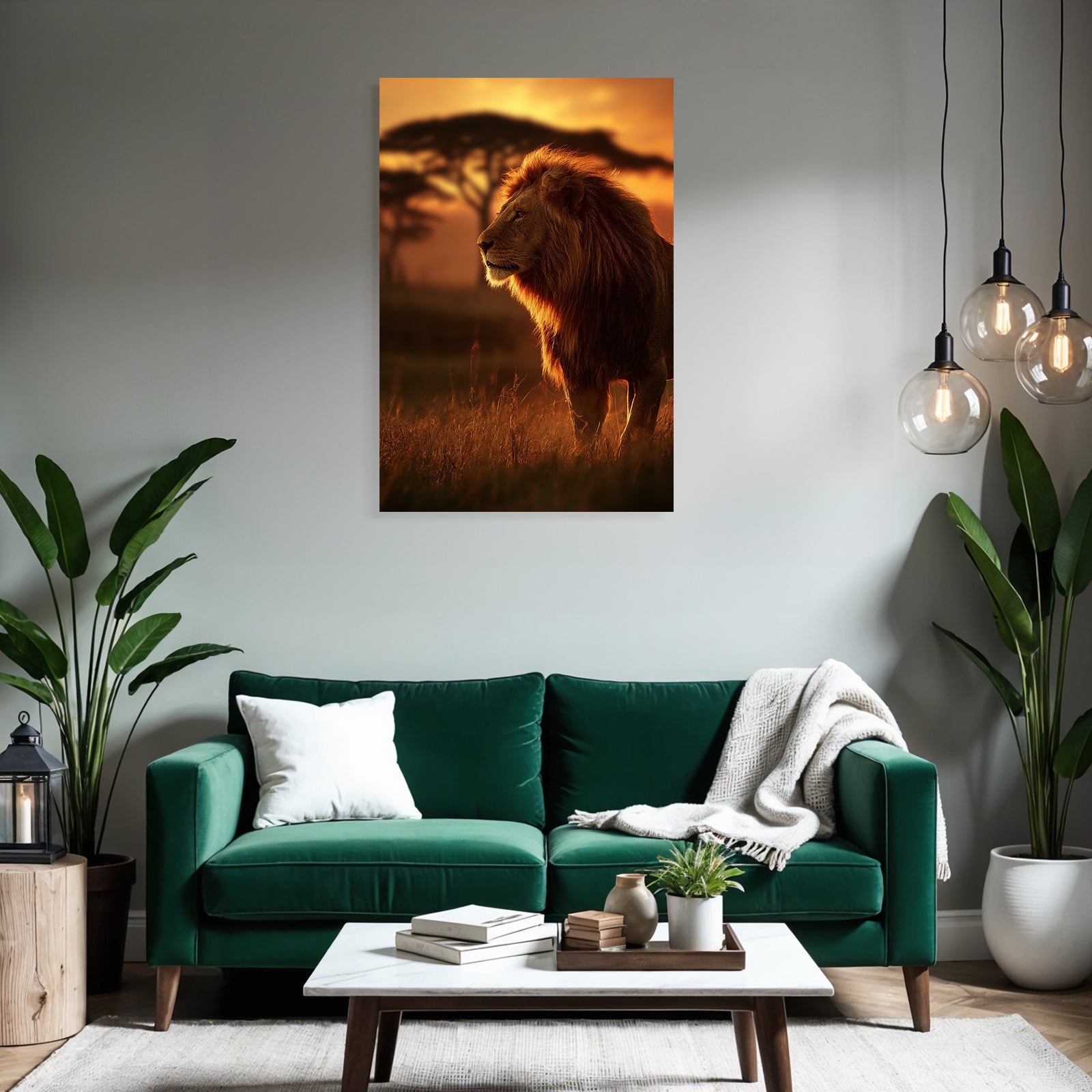 Löwe Im Sonnenuntergang Mit Bäumen Und Graslandschaft