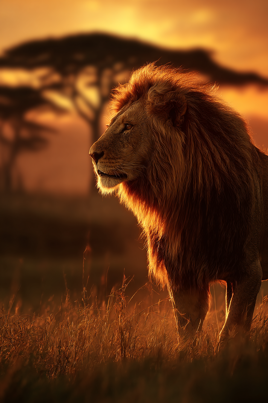 Löwe Im Sonnenuntergang Mit Bäumen Und Graslandschaft | Safari und Wildtiere | Tiere