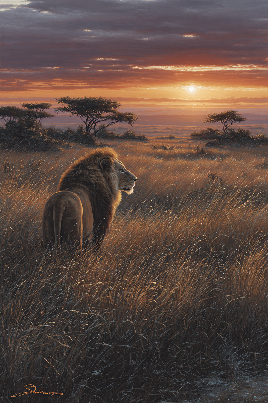 Löwe In Der Graslandschaft Bei Sonnenuntergang 1 | Safari und Wildtiere | Tiere