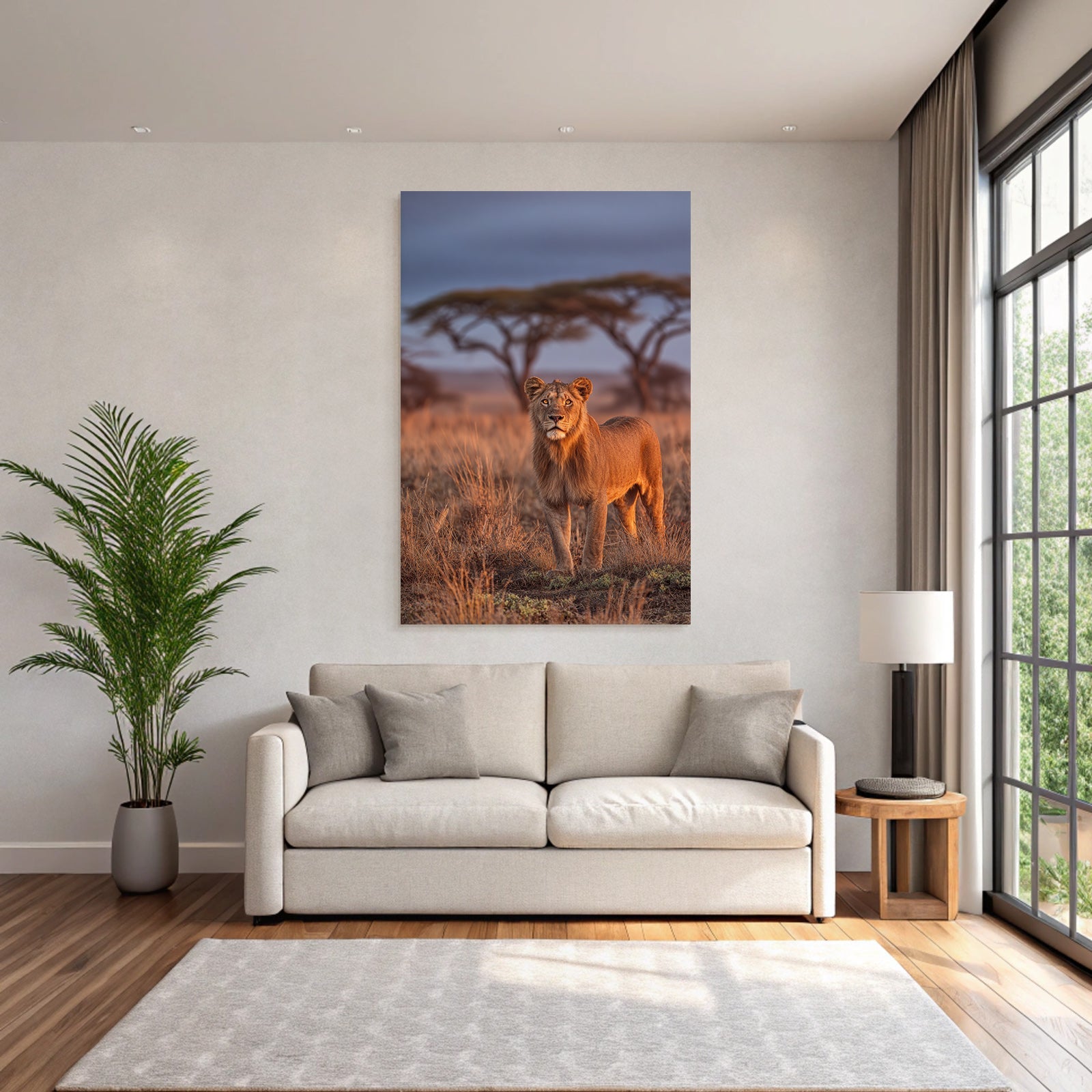 Löwe In Der Savanne Mit Dramatischem Himmel Im Dämmerlicht