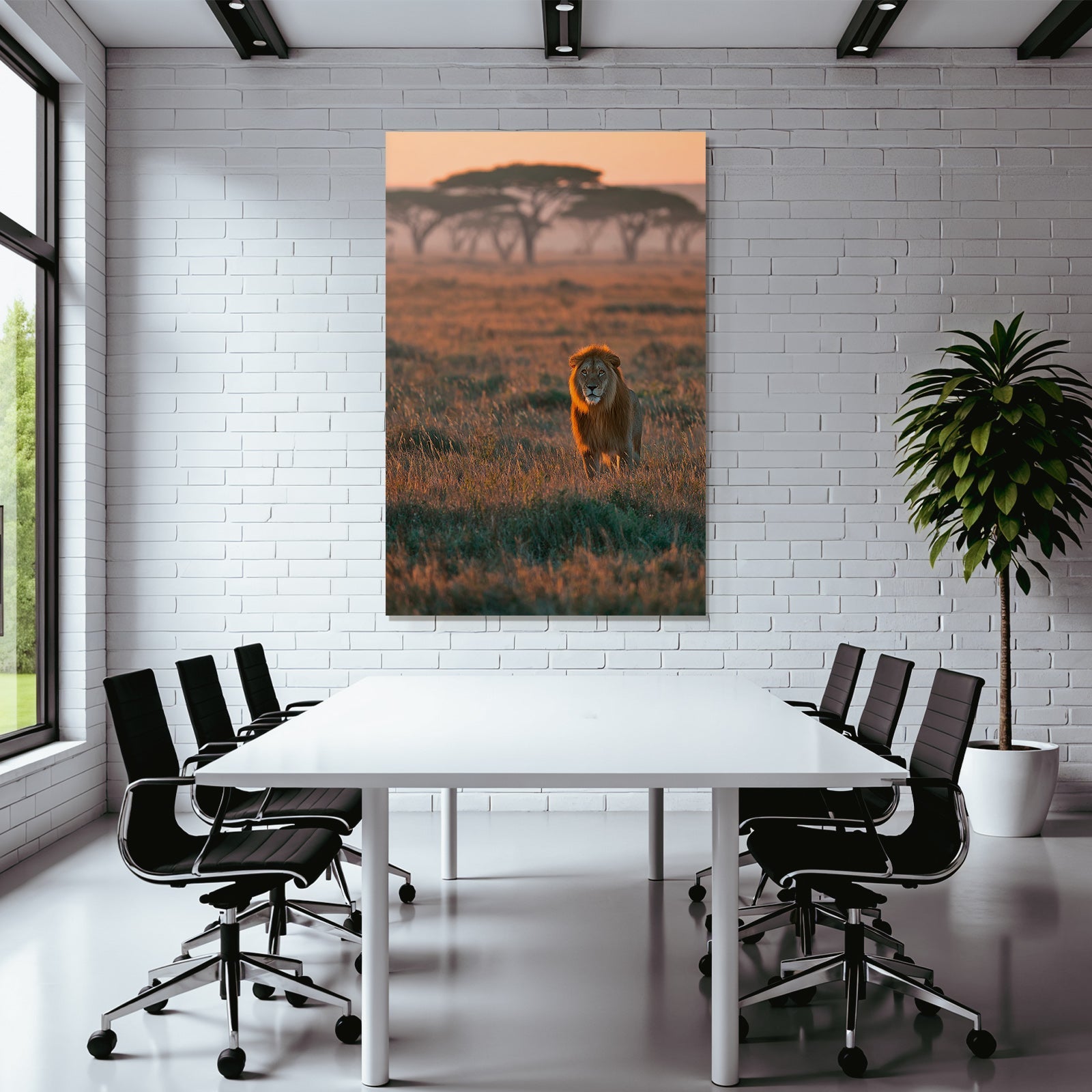 Löwe In Grünem Landscape Bei Sonnenuntergang Savana