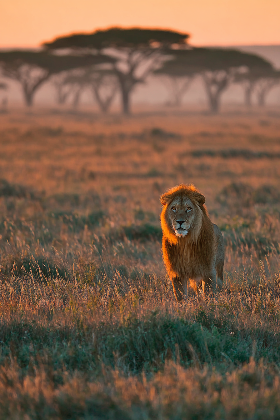 Löwe In Grünem Landscape Bei Sonnenuntergang Savana | Safari und Wildtiere | Tiere