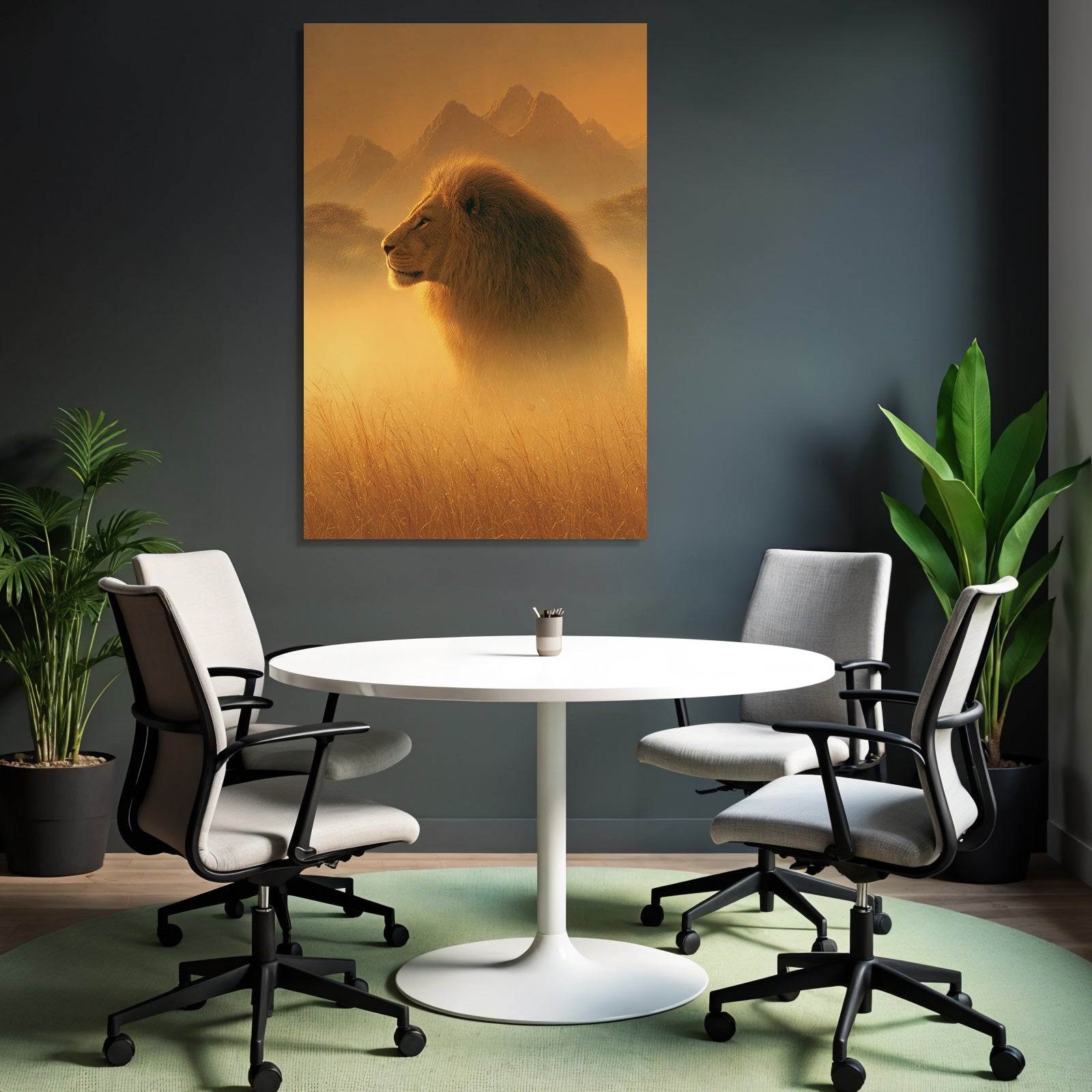 Löwe In Profil Goldene Misty Landscape Mit Bergen Hintergrund
