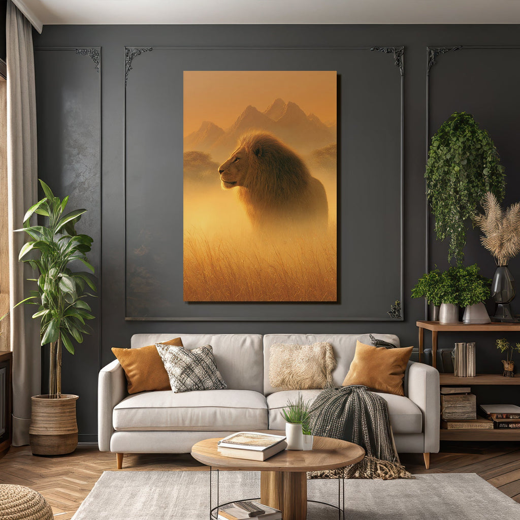 Löwe In Profil Goldene Misty Landscape Mit Bergen Hintergrund