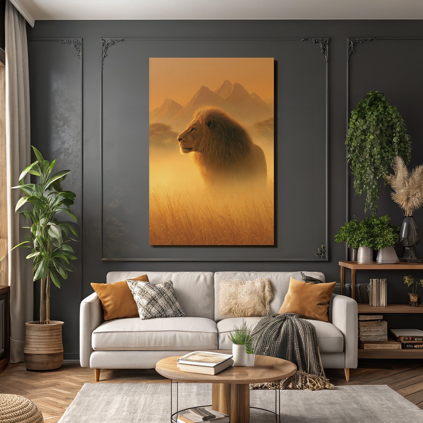Löwe In Profil Goldene Misty Landscape Mit Bergen Hintergrund