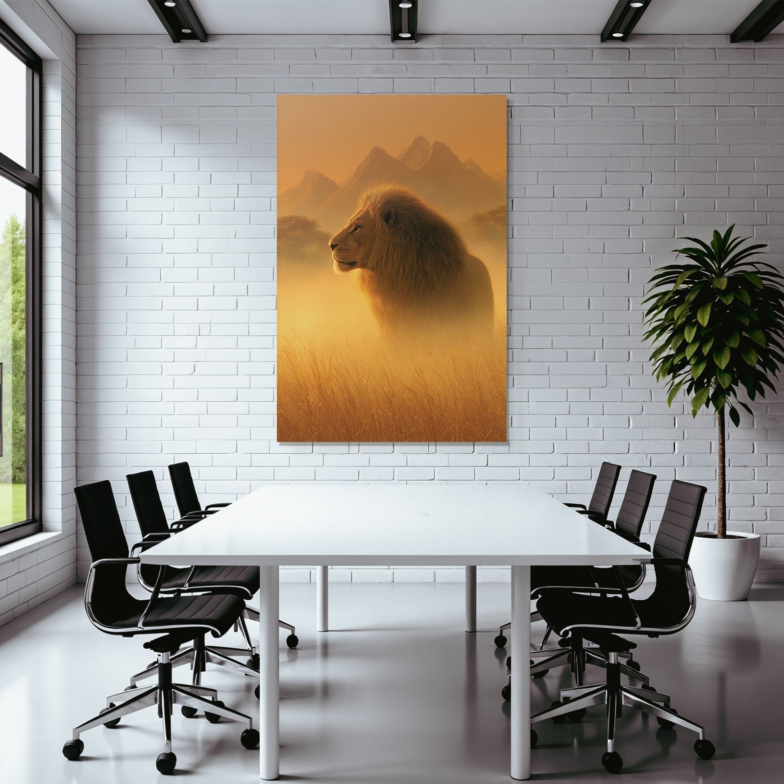 Löwe In Profil Goldene Misty Landscape Mit Bergen Hintergrund